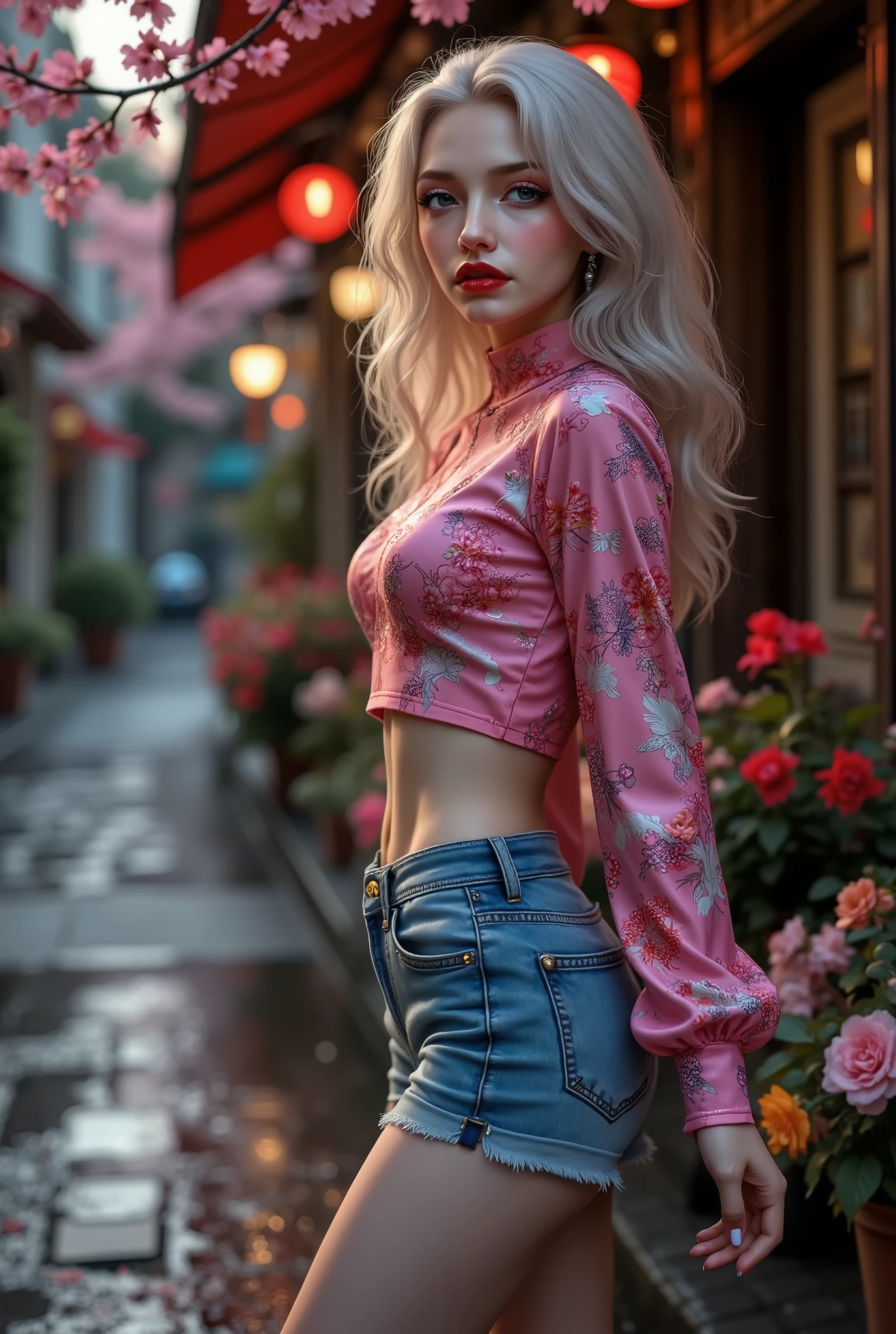  [Style: "masterpiece, realistic, Photorealistic realism, Hyper high resolution" - "(Hyper quality, intricate ultra-detailed digital art)"] (Key Directive: "The priority is the anatomical accuracy and texture of the materials as well as the quality of the eyes") {Character: "20-year-old white female" | Face: "symmetrical, pale skin, full lips, red lipstick: 1.15" | Eyes: "((sharp focus, no blurry eyes, Hyper absurd quality, Hyper details, Hyper realistic brown eyes:1.4))" - "((extra narrow eyebrows))" - "(Carefully draw Long blue_mascara:1.2)" - "(perfect round eyes)" | Hair: "waist-length white curly (setting light reflections: 0.5)" | Pose: "dynamic side position" - "hand is stretched out towards the viewer (inviting hand gesture)" Outfit: [Top: "pink long sleeve crop top (a bold, feminine, elaborately detailed: 0.7)"] [Bottom: "short denim shorts ((tight, smooth))"] Environment: "garden street at sunset (((rain-slick cobblestones), colorful flowers, cherry blossoms))" | Lighting: - "Cinematic clarity and global illumination") Technical Specs: (DOF: "shallow, f/1.8, blurred crowd in background") (Post-Processing: "Specifications: (DPF: "deep, f/1.8, distinct garden in the background") (Post-production: "chromatic aberration: 0.7") (Rendering engine: "Unreal Engine 5 path tracing, 16K texture maps") }