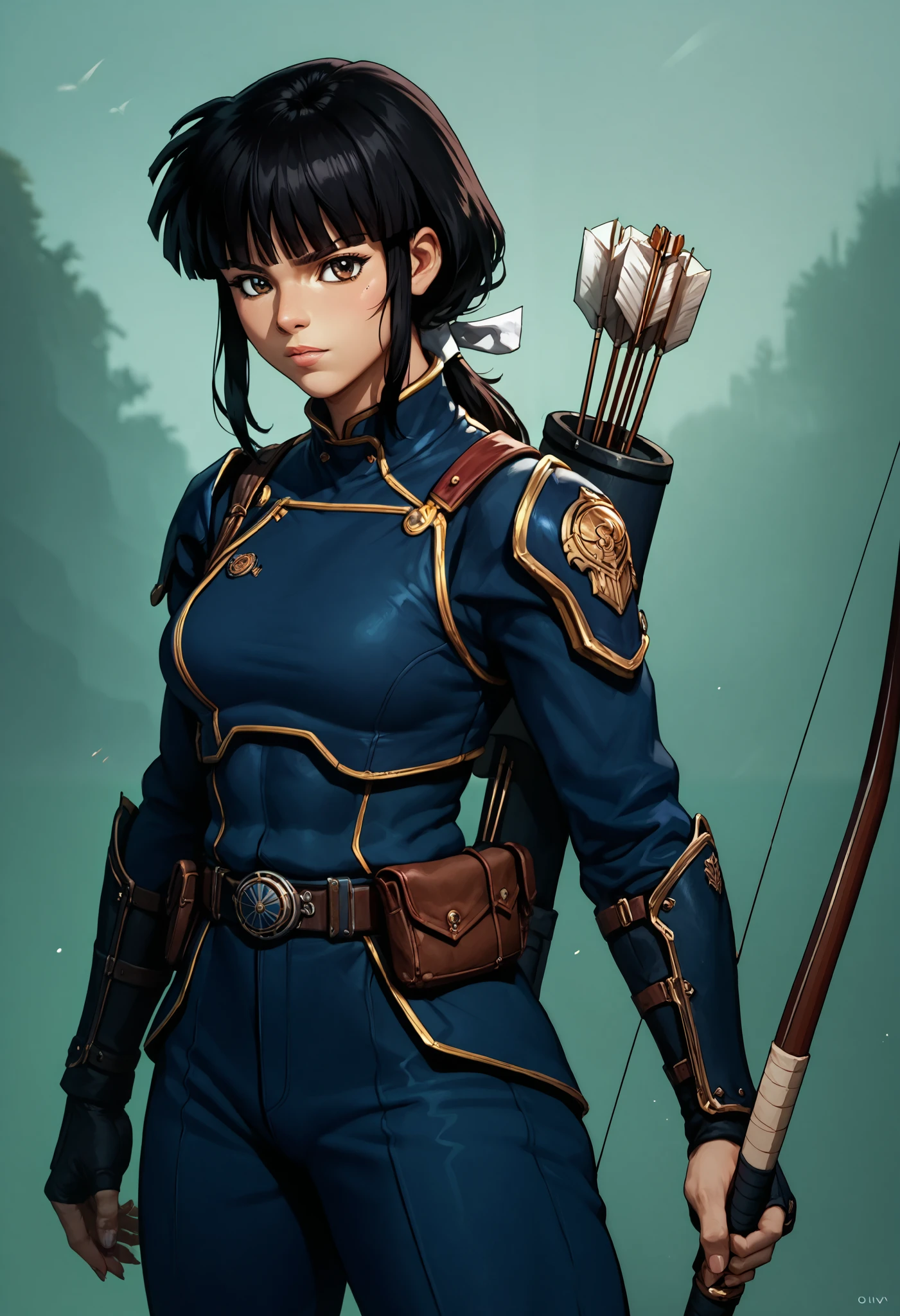 score_9, score_8_up, score_7_up, source_anime, 1girl, kikyoinu, black hair, brown eyes, blunt bangs, sidelocks, low ponytail, NolanUpdateV1.5enforceroutfit, bow \(weapon\), holding bow \(weapon\), holding weapon, archery, Style_Arcane2ByOOAver2, cowboy shot