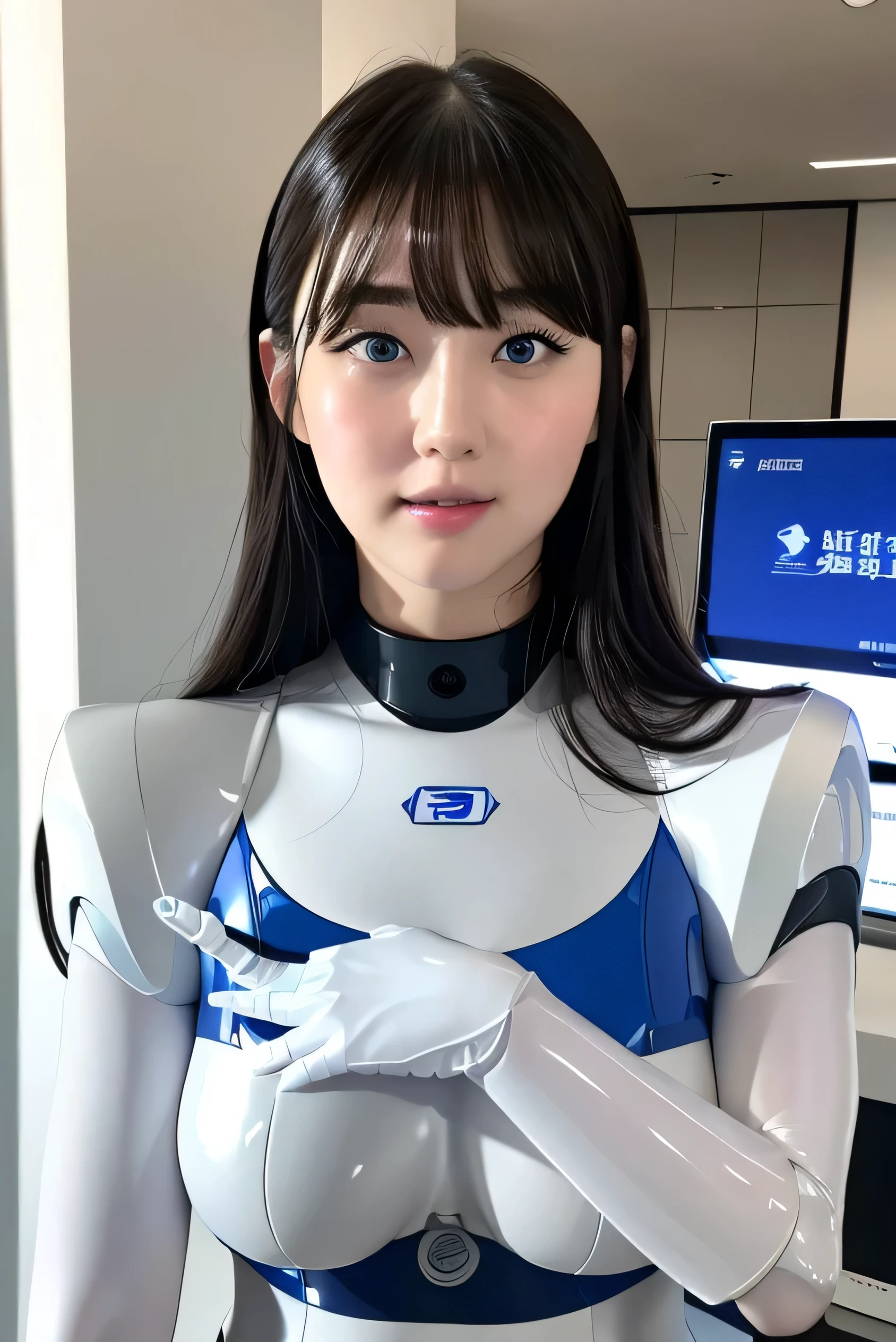 masterpiece, Best Quality, Extremely detailed, 8K portrait,Japaese android girl,Plump , control panels,Robot arms and legs, Blunt bangs,perfect robot girl,a bit chubby,white gloves,chest monitor,blue eyes,Charging spot,She is exhibits,exibition hall,promo girl,office-lady