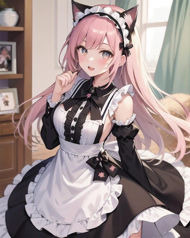 (Meisterwerk, Best quality, 8k, sehr detailliert, highres, Ultra-detailliert, perfekte Augen), 1 girl, Rosa Augen, thin body, pinku pawlette, kurzes Haar, ((Maid uniform)), Socks, (Cowboy-Schuss)