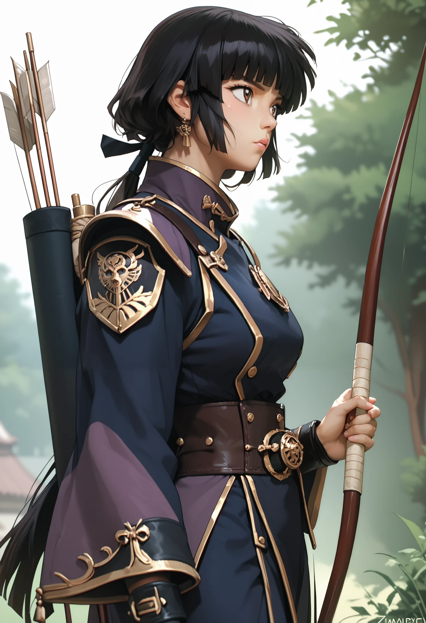 score_9, score_8_up, score_7_up, source_anime, 1girl, kikyoinu, black hair, brown eyes, blunt bangs, sidelocks, low ponytail, NolanUpdateV1.5enforceroutfit, bow \(weapon\), holding bow \(weapon\), holding weapon, archery, nh, cowboy shot