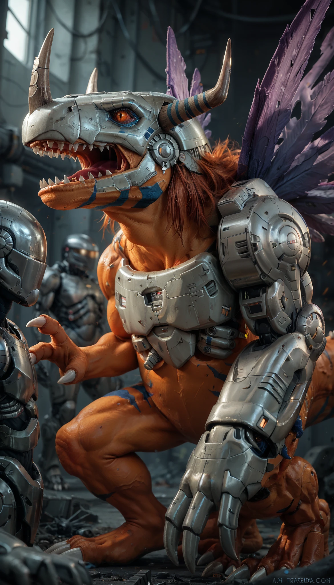 A giant creature resembling a dinosaur with mechanical features. The creature has an orange body with blue stripes and a large, metallic helmet covering its head, featuring a prominent horn. Its eyes are visible through the helmet, and it has sharp, jagged teeth. The creature's left arm is entirely mechanical, ending in large, claw-like fingers. It has two large, purple wings with a tattered appearance extending from its back. The creature stands on two legs, each ending in three sharp claws.