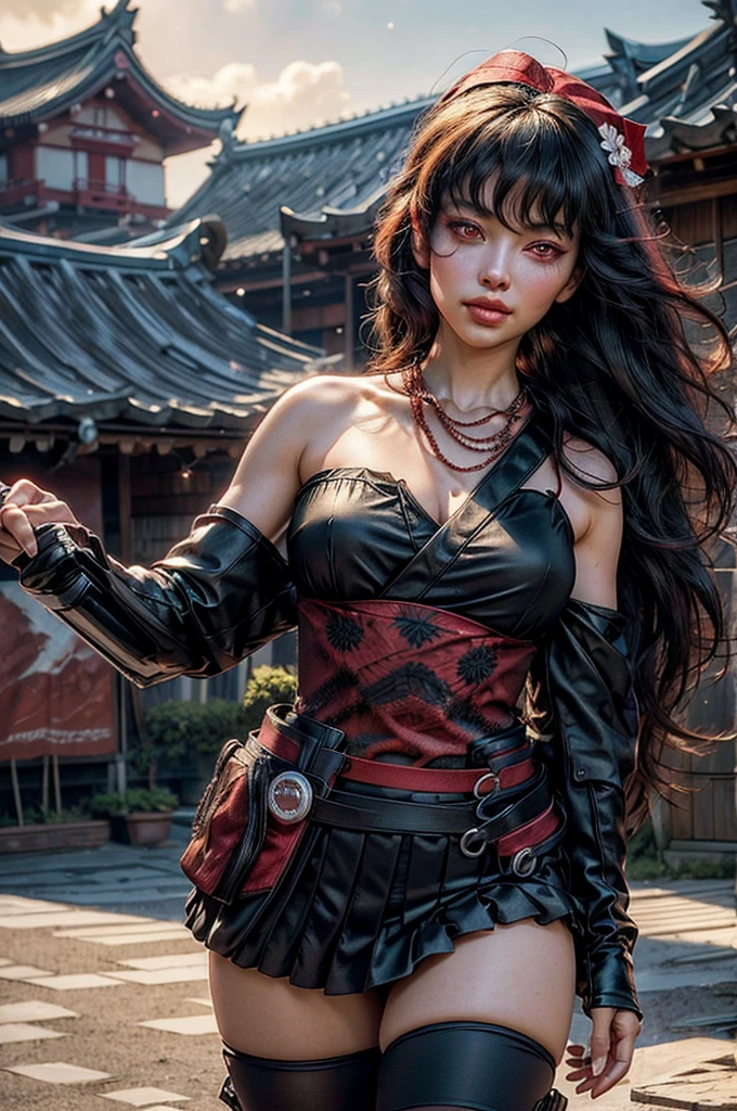 photorealistic, high resolution, soft light,1women, solo, hips up, (detailed face), jewelry, tattoo,black mafia clothing, pirates, black hair, super long hair, looking viewers, tatto, messy hair, close up, small breast, adult, holding sword