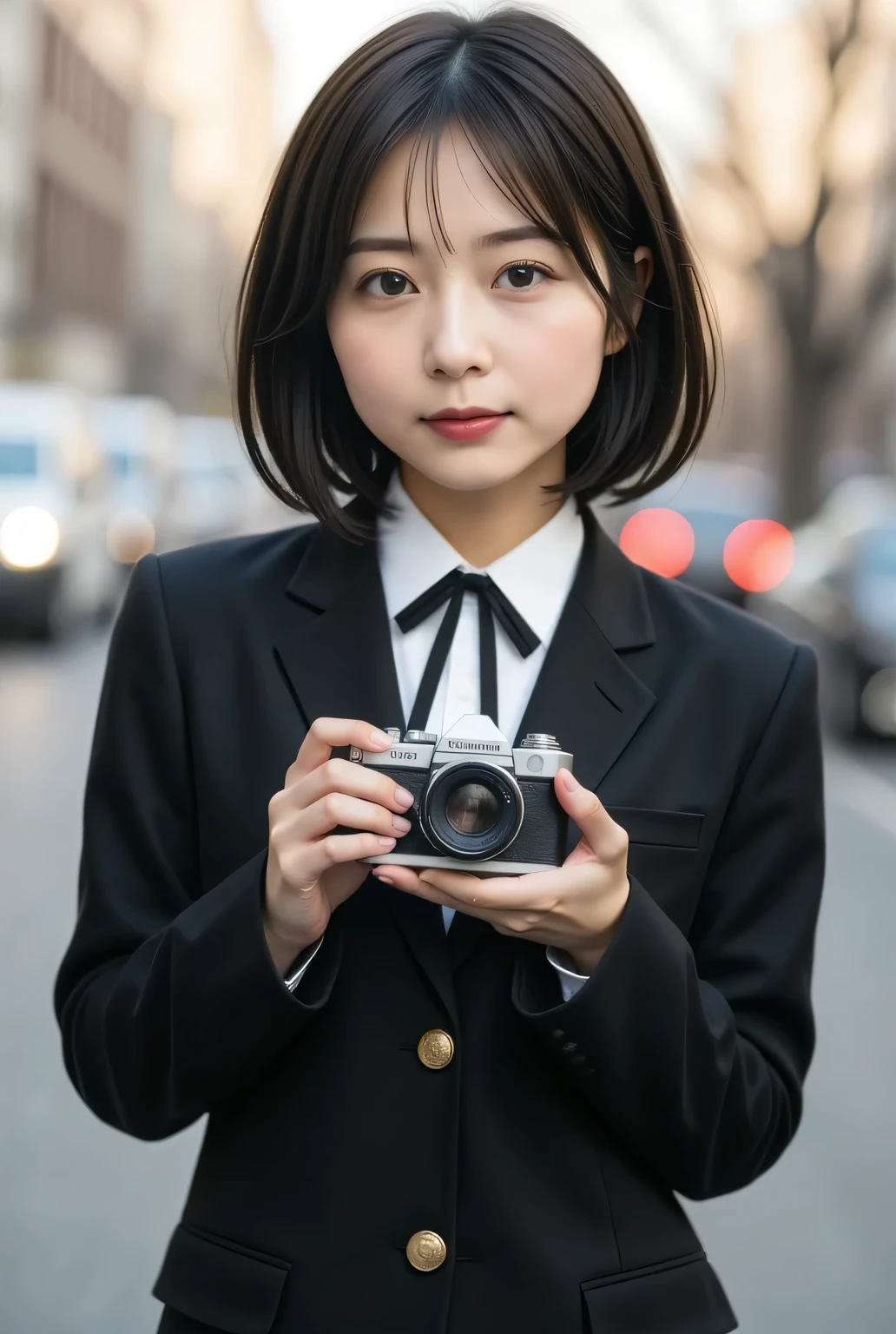Retro female student monochrome photo:1.331, by Nomi, Beautiful Japanese woman's face, presenting a large German retro camera with both hands:1.5, front view :1.37, Black and White Photography:1.37, Black and White Photography:1.37, Very by Nomi photos, standing, anatomically correct proportions:1.331, small head:1.21, Close your lips, black trail blazer :1.21, plain uniform from a famous high school in the city , Black Blazer Uniform, blazer, black blazer :1.21, white collar shirt:1.21, Black thin loop ribbon :1.331, black hair:1.21, medium hair:1.21, Beautiful Japanese woman's face with sideways hair , Japanese woman without makeup :1.21, beautiful Japanese woman's face:1.21, Detailed Iris, Sharp eyebrows:1.37, detailed face, Fair, fine skin, Glowing Skin:1.21, Natural evening light illuminates her:1.37, レトロなBlack and White Photography:1.331, やさしい Black and White Photography:1.331, On a downtown street:1.331, Silky Screen, Nostalgic Photos, dynamic, cinematic lighting,