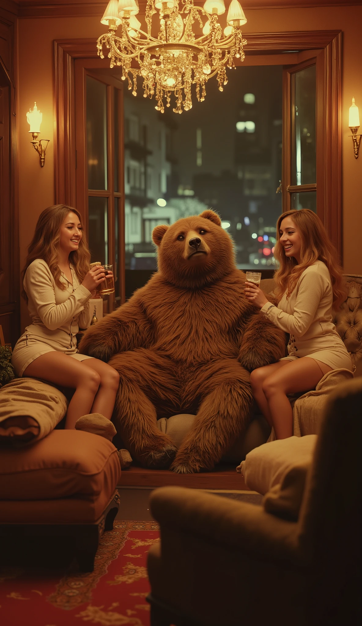 (best quality, 128k,highres,masterpiece:1.2),ultra-detailed,(realistic,photorealistic,photo-realistic:1.37), ((masterpiece)) ((photography)) ((Highest quality)) A realistic scene of a large brown bear celebrating in a cozy living room, surrounded by three young blonde women in light clothing. They are holding beers in their hands, laughing and enjoying the party. The warm lighting from a chandelier and fairy lights creates a festive yet intimate atmosphere. The bear appears friendly, sitting or standing casually, fully integrated into the scene. The details of the wooden furniture, soft rugs, and an open window revealing a nighttime cityscape add depth and realism to the image.