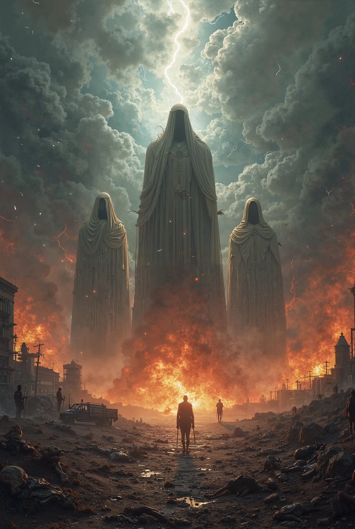There are three people standing in front of a huge fire - SeaArt AI