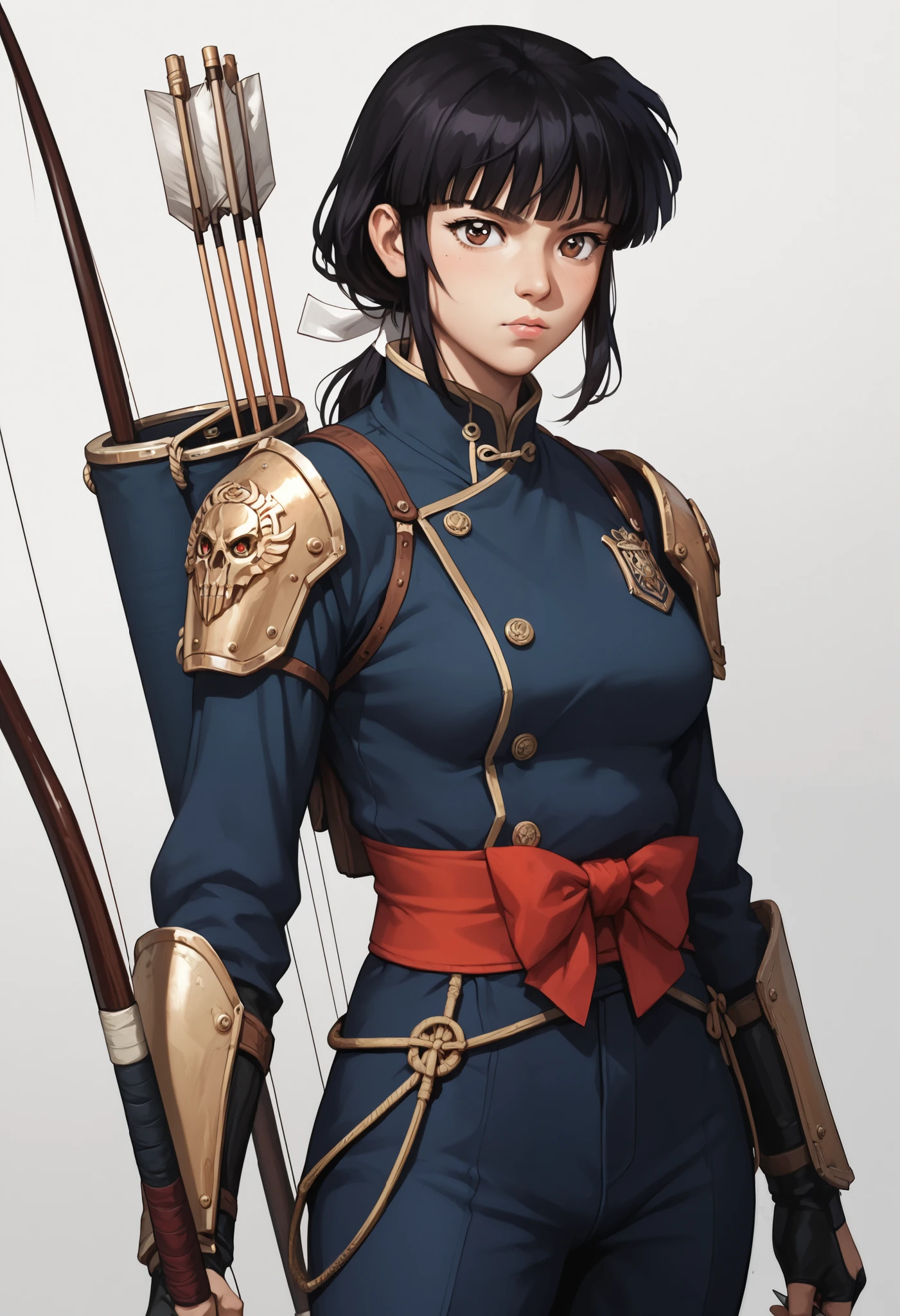 score_9, score_8_up, score_7_up, source_anime, 1girl, kikyoinu, black hair, brown eyes, blunt bangs, sidelocks, low ponytail, NolanUpdateV1.5enforceroutfit, bow \(weapon\), holding bow \(weapon\), holding weapon, archery, Style_Arcane2ByOOAver2, cowboy shot