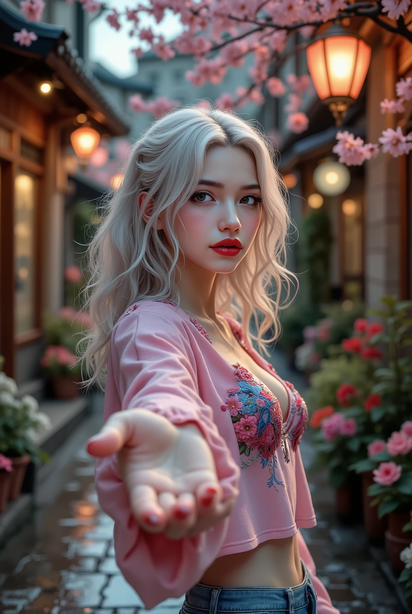  [Style: "masterpiece, realistic, Photorealistic realism, Hyper high resolution" - "(Hyper quality, intricate ultra-detailed digital art)"] (Key Directive: "The priority is the anatomical accuracy and texture of the materials as well as the quality of the eyes") {Character: "20-year-old white female" | Face: "symmetrical, pale skin, full lips, red lipstick: 1.15" | Eyes: "((sharp focus, no blurry eyes, Hyper absurd quality, Hyper details, Hyper realistic brown eyes:1.4))" - "((extra narrow eyebrows))" - "(Carefully draw Long blue_mascara:1.2)" - "(perfect round eyes)" | Hair: "waist-length white curly (setting light reflections: 0.5)" | Pose: "dynamic side position" - "hand is stretched out towards the viewer (inviting hand gesture)" Outfit: [Top: "pink long sleeve crop top (a bold, feminine, elaborately detailed: 0.7)"] [Bottom: "short denim shorts ((tight, smooth))"] Environment: "garden street at sunset (((rain-slick cobblestones), colorful flowers, cherry blossoms))" | Lighting: - "Cinematic clarity and global illumination") Technical Specs: (DOF: "shallow, f/1.8, blurred crowd in background") (Post-Processing: "Specifications: (DPF: "deep, f/1.8, distinct garden in the background") (Post-production: "chromatic aberration: 0.7") (Rendering engine: "Unreal Engine 5 path tracing, 16K texture maps") }