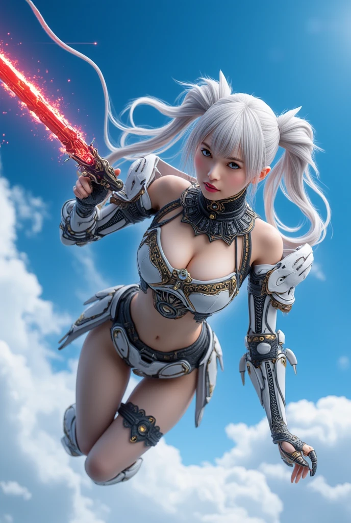 cyborg, girl, cute, sexy, strong, slender, bikini, high leg, silver, fight with sword