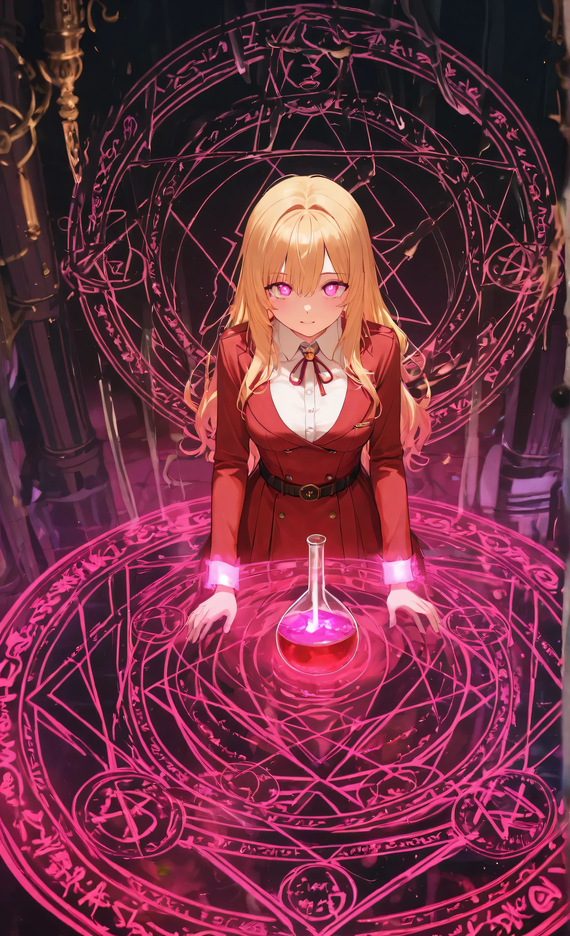 masterpiece, high resolution, Beautiful girl in magic style, inside a dirty triangular flask, Immersed in liquid, homokov us , Magic Circle , hologram, perfect beautiful girl , red clothes, Illuminated from within, colorful image of a glowing woman in the glass continuing to stare at the viewer , Laughter, 3d rendering , perspective, is amazing画像, Impressive lighting, is amazing, Dangerous, monstrous