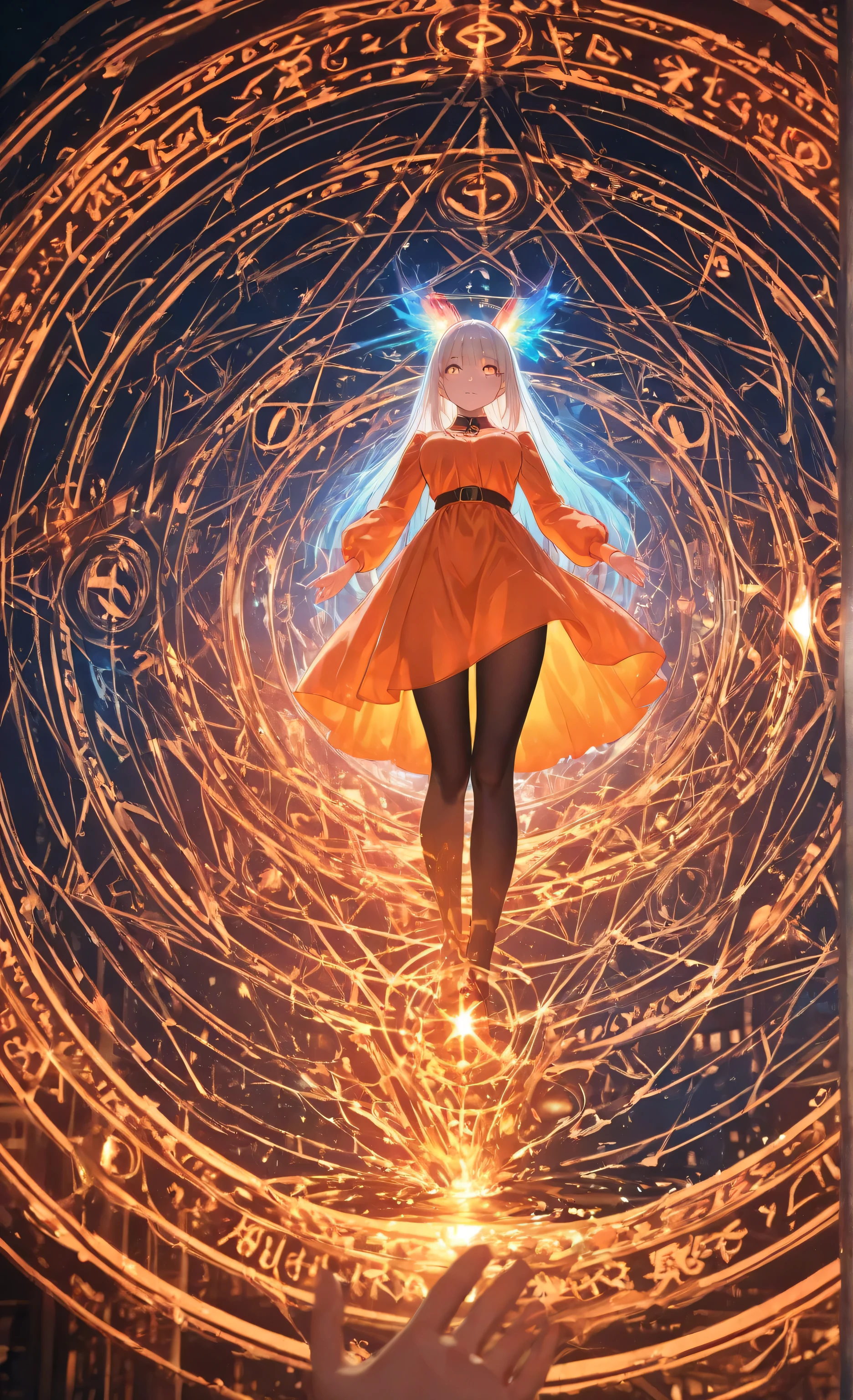 masterpiece, high resolution, Beautiful girl in magic style, Inside a large shining glass, Immersed in liquid, homokov us , Magic Circle , hologram, perfect beautiful girl , orange clothes , Illuminated from within, colorful image of a glowing woman in glass continuing to stare at viewers , 3d rendering , perspective, is amazing画像, Impressive lighting, is amazing,