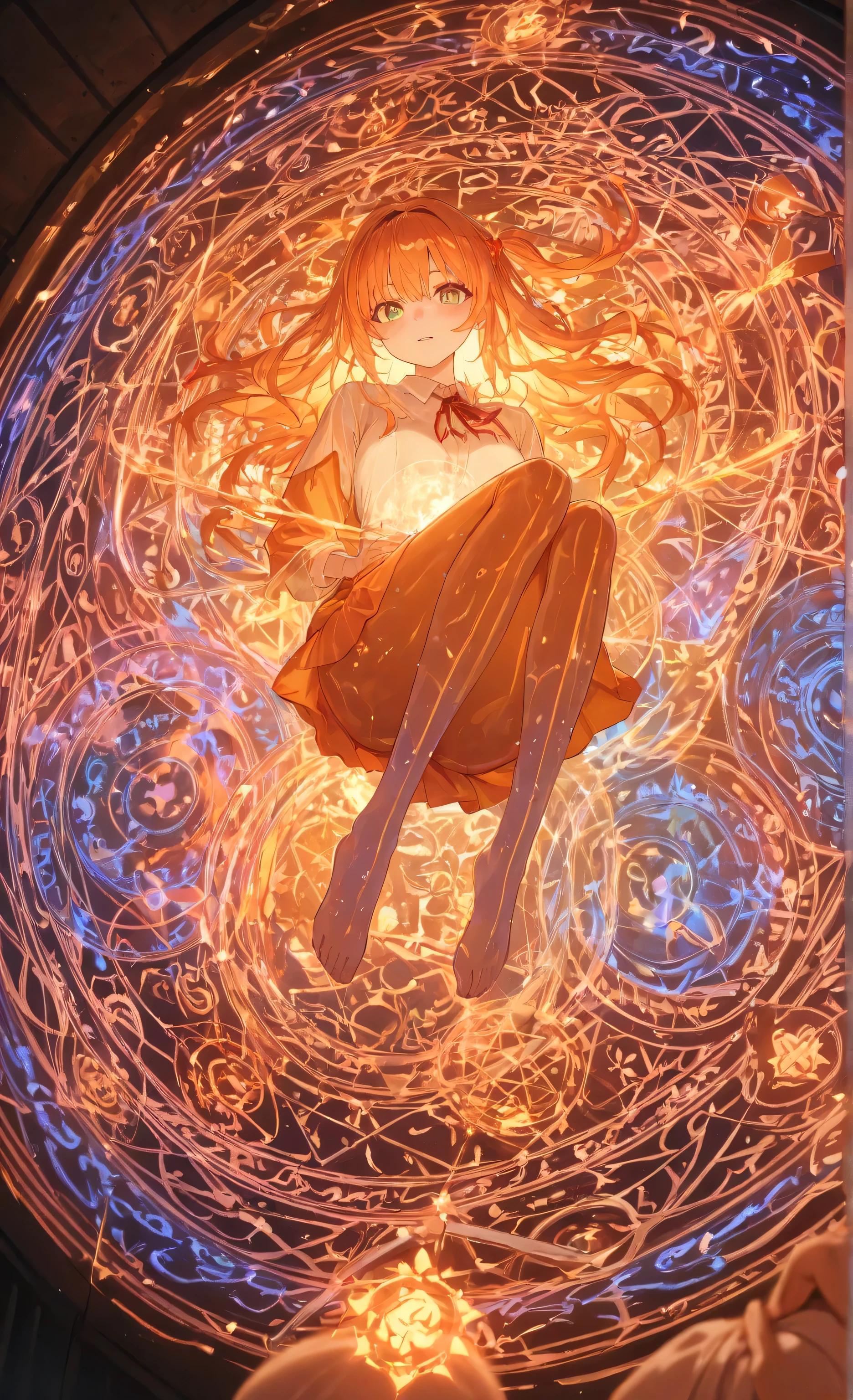 masterpiece, high resolution, Beautiful girl in magic style, Inside a large shining glass, Immersed in liquid, homokov us , Magic Circle , hologram, perfect beautiful girl , orange clothes , Illuminated from within, colorful image of a glowing woman in the glass continuing to stare at the viewer , 3d rendering , perspective, is amazing画像, Impressive lighting, is amazing,