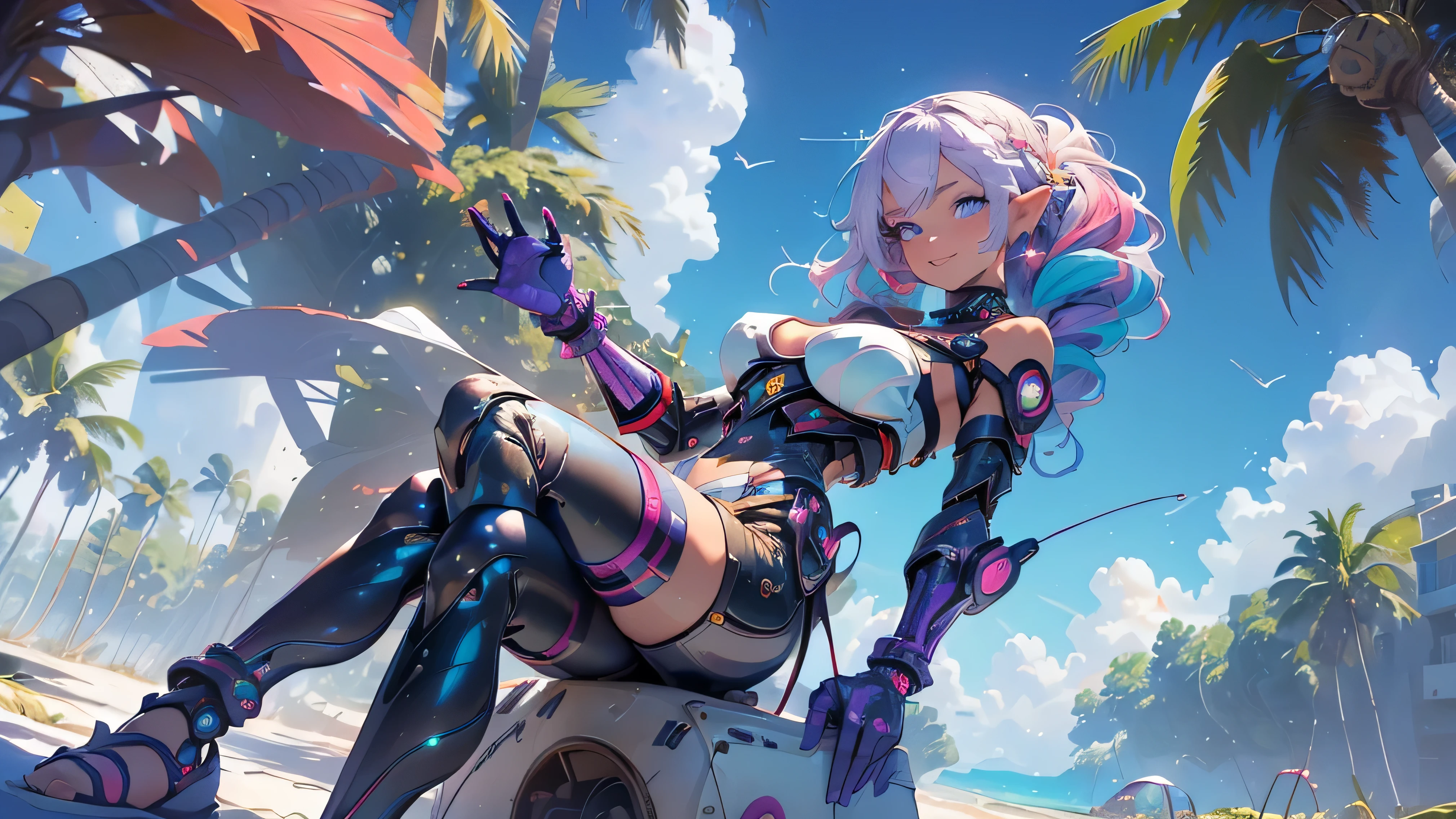 K/DA All Out Akali, bem detalhado, Bikini, na praia, mostrando o corpo todo, bastante sensual, apertando os peitos, durante o por do sol, sorrindo.