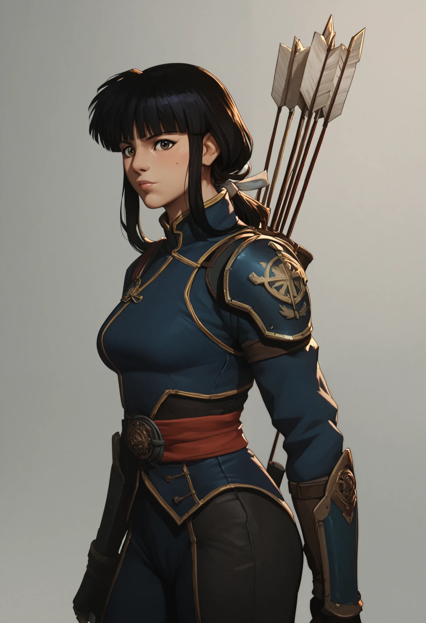 score_9, score_8_up, score_7_up, source_anime, 1girl, kikyoinu, black hair, brown eyes, blunt bangs, sidelocks, low ponytail, NolanUpdateV1.5enforceroutfit, bow \(weapon\), holding bow \(weapon\), holding weapon, archery, Style_Arcane2ByOOAver2, cowboy shot