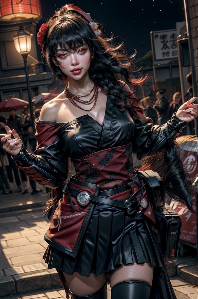 raven branwen, stunning girlfriend, dynamic pose, heart shaped face, elegant face, beautiful face, highly detailed face, highly detailed skin, skin pores, subsurface scattering, realistic pupils, loving smile, looking at viewer, full face blush, full lips, detailed background, depth of field, atmospheric perspective, volumetric lighting, sharp focus, absurdres, realistic proportions, good , (realistic, hyperrealistic:1.4), 16k hdr, 1girl, bangs, black_hair, black_kimono, , flower, hair_between_eyes, hair_flower, hair_ornament, japanese_clothes, thighhighs, kimono, long_hair, multicolored_hair, night, stars, obi, red_eyes, red_hair, sash, standing in ancient amphitheater, east_asian architecture, crowds