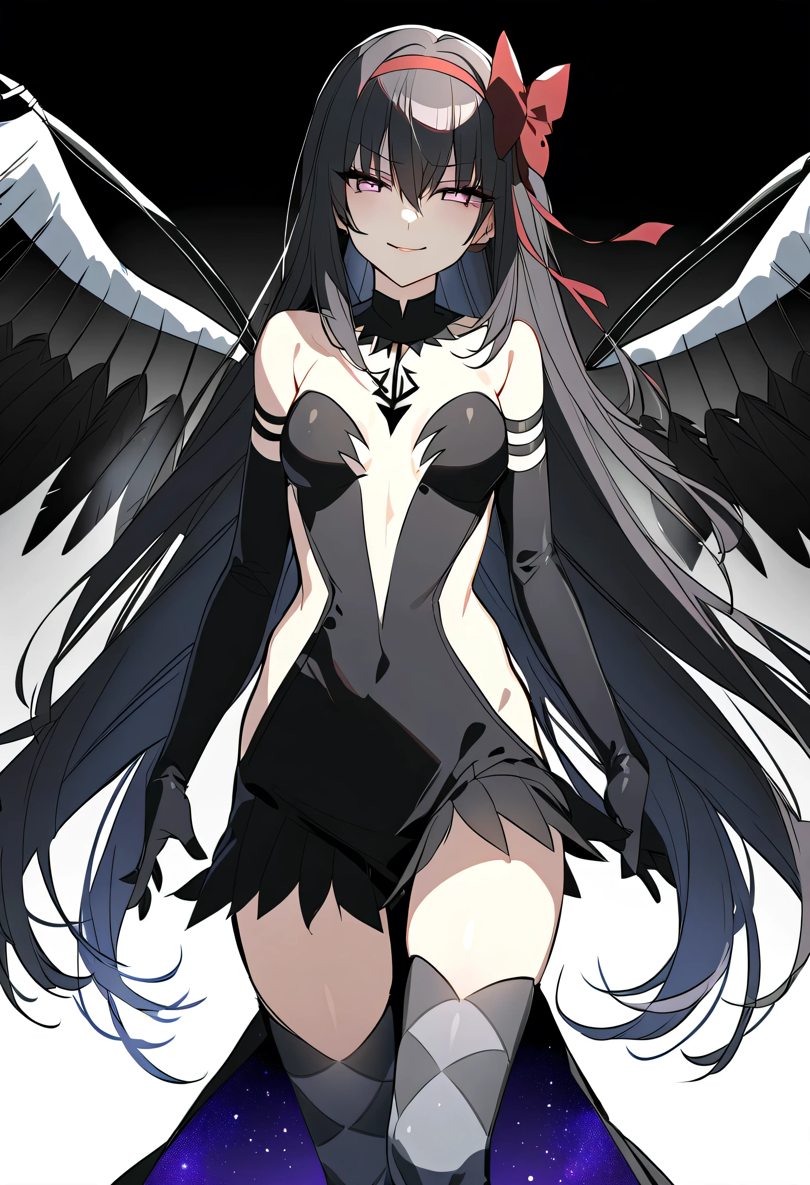 1girl, akuma homura, solo, long hair, wings, gloves, elbow gloves, black hair, smile, purple eyes, thighhighs, black gloves, argyle legwear, argyle, bare shoulders, looking at viewer, dress, soul gem, hair bow, bow, choker, feathered wings, white background, zettai ryouiki, simple background, black wings, masterpiece, best quality, late, evil smile,shaded face(eyes in shadow),latex