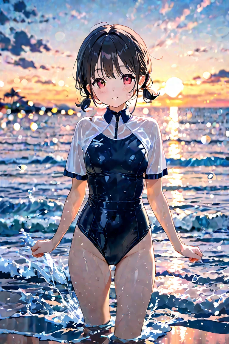 ((Lying on a rubber boat floating on the sea)), ((halterneck swimsuit)), ((The swimsuit glows fluorescent orange.)), skindentation, skinny, solo, 1 woman, Masterpiece, highest quality, highest quality, 16K, incredibly absurd, highly detailed, 2.5D, ai-generated, delicate and dynamic, very delicate facial expressions, delicate eye depiction, erotic, only sexy woman, ((A cute and kind face)), healthy figure, 25-year-old woman, bride, 160cm tall, medium firm swaying bust, (dark hair), black eye, blush, Sweat,Embarrassed,sexy, ((thin thighs)), (Erect nipples:0.9), ((shiny and lustrous)), facing straight at viewer, ((brown black skin)), ((Oily_skin)), sweaty skin, wet skin, (suntan), dutch angle, ((sexy pose)), Dynamic poses, ((Summer Sea)), Strong sunlight, ((Lying)), Navel, ((On the open sea)), Knee Up,