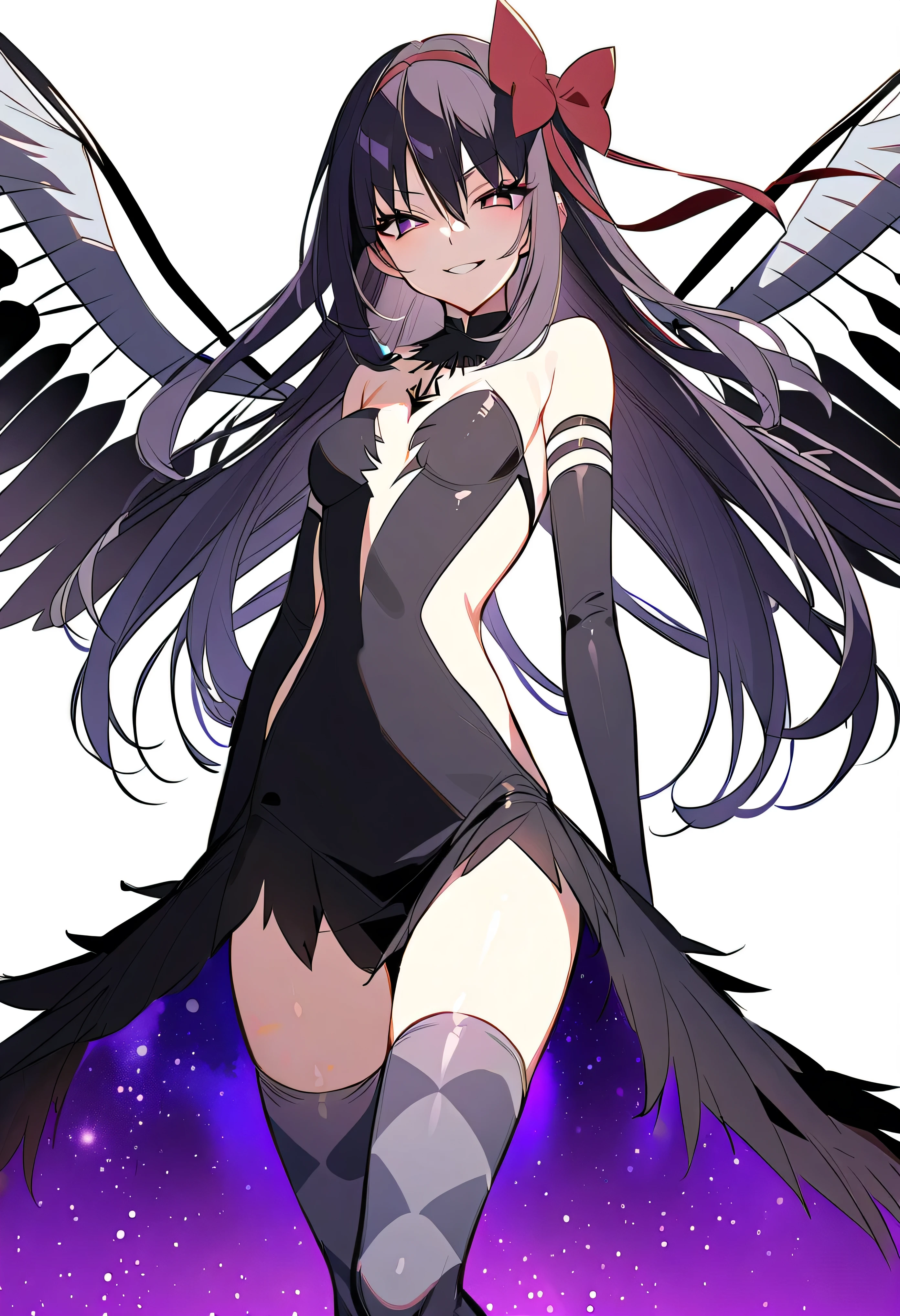 1girl, akuma homura, solo, long hair, wings, gloves, elbow gloves, black hair, smile, purple eyes, thighhighs, black gloves, argyle legwear, argyle, bare shoulders, looking at viewer, dress, soul gem, hair bow, bow, choker, feathered wings, white background, zettai ryouiki, simple background, black wings, masterpiece, best quality, late, evil smile,shaded face(eyes in shadow),latex