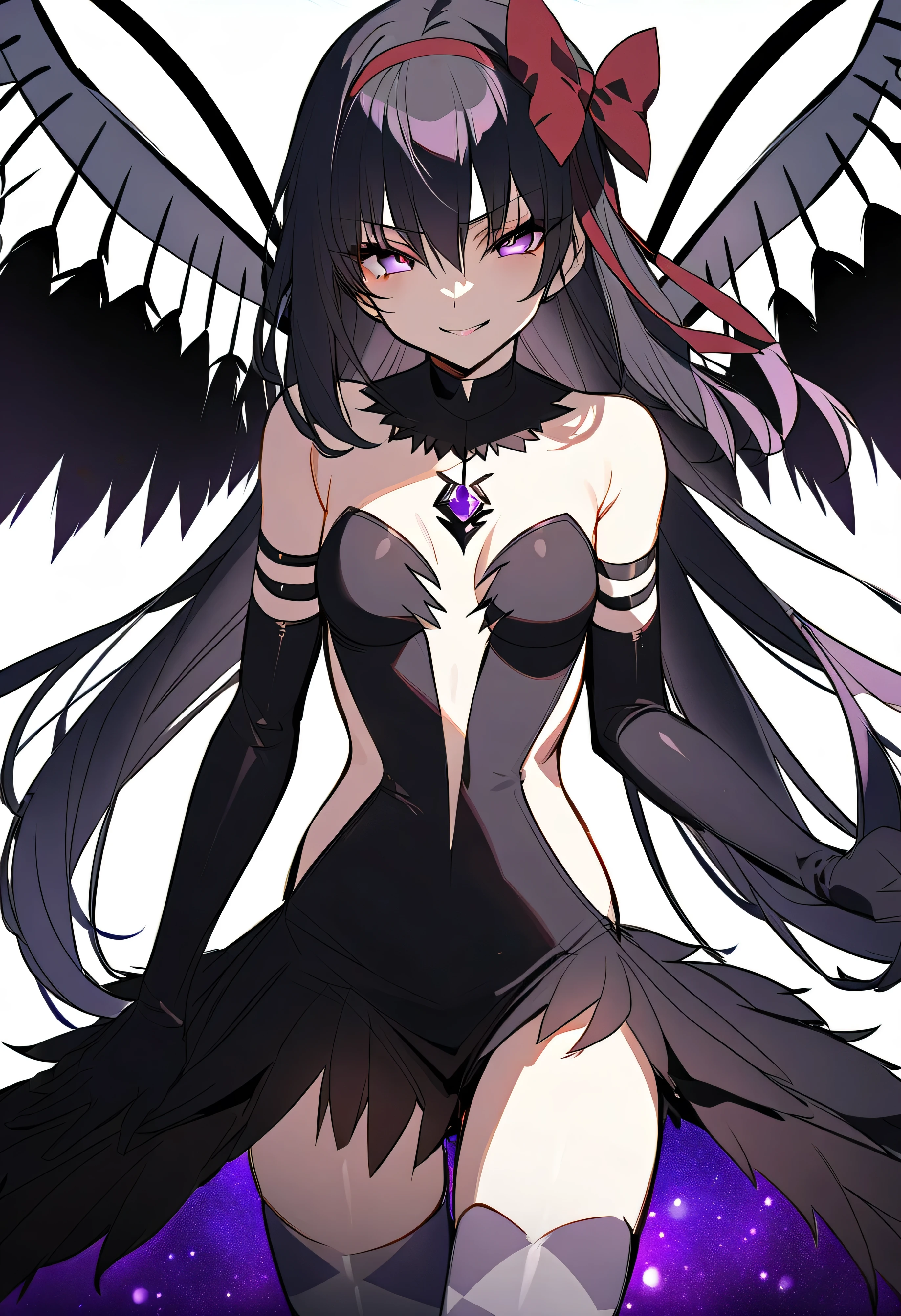 1girl, akuma homura, solo, long hair, wings, gloves, elbow gloves, black hair, smile, purple eyes, thighhighs, black gloves, argyle legwear, argyle, bare shoulders, looking at viewer, dress, soul gem, hair bow, bow, choker, feathered wings, white background, zettai ryouiki, simple background, black wings, masterpiece, best quality, late, evil smile,shaded face(eyes in shadow),latex
