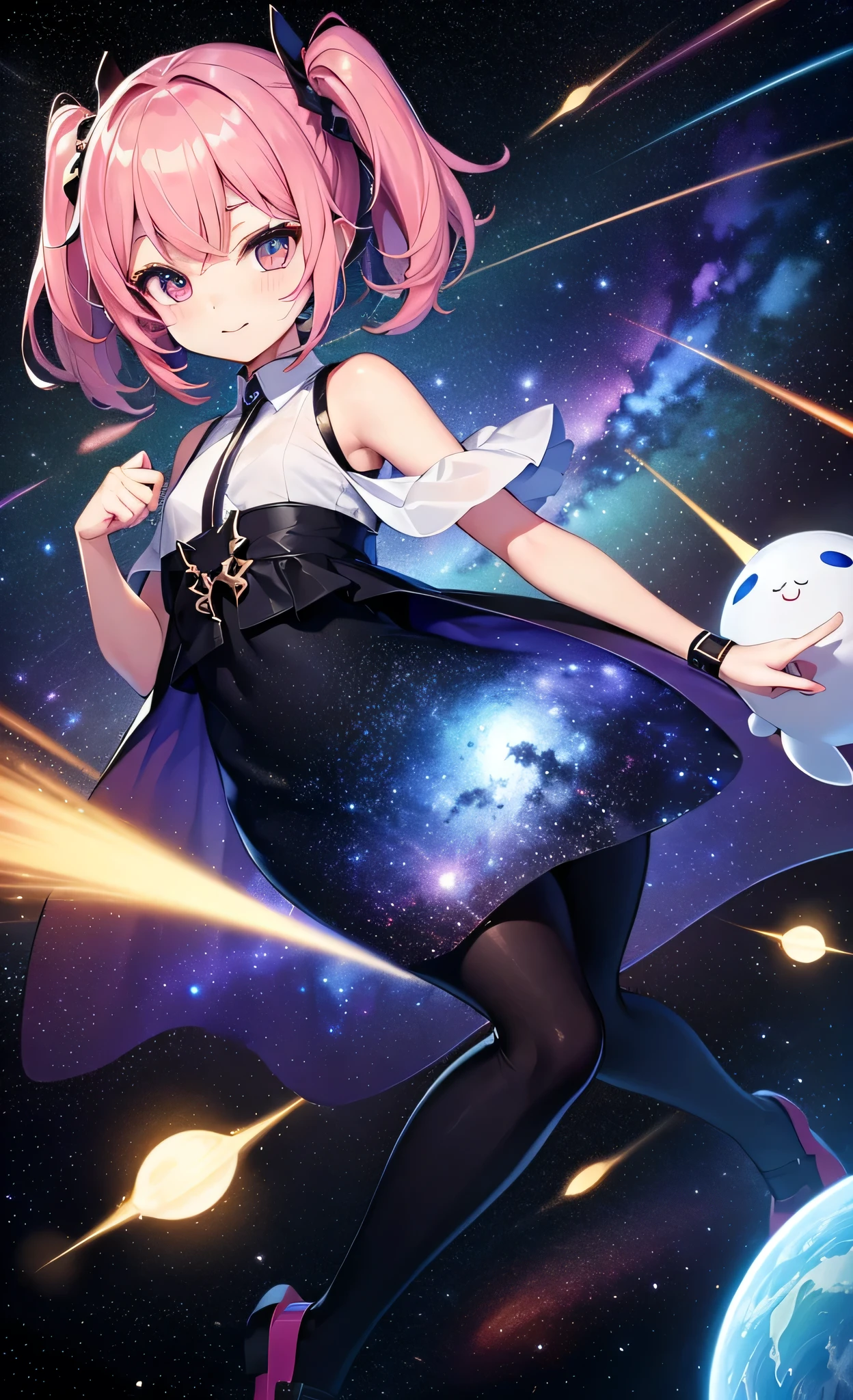 Anime girl with pink hair and black dress holding a white cat - SeaArt AI