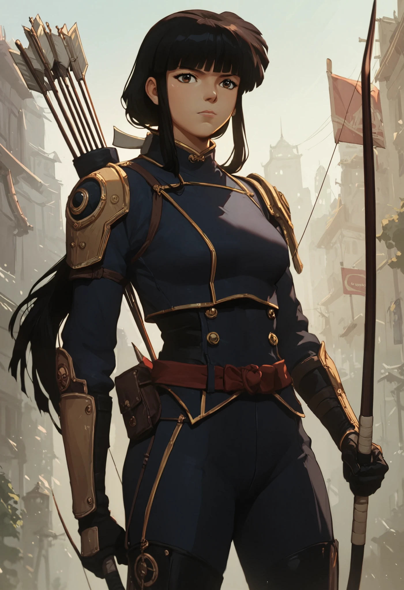 score_9, score_8_up, score_7_up, source_anime, 1girl, kikyoinu, black hair, holding bow \(weapon\), brown eyes, blunt bangs, sidelocks, low ponytail, long hair, NolanUpdateV1.5enforceroutfit, bow \(weapon\), holding weapon, archery, Style_Arcane2ByOOAver2, cowboy shot, city