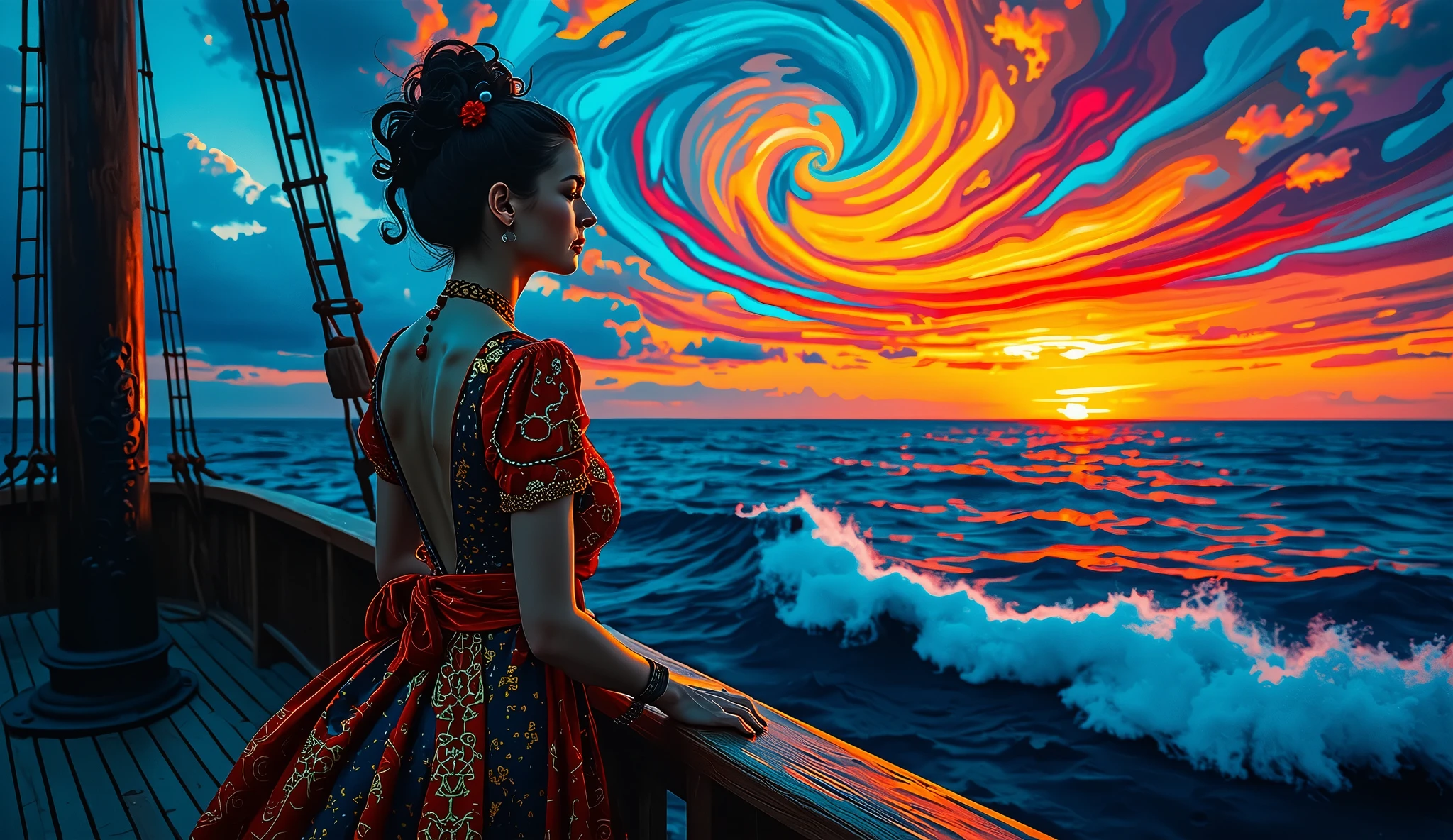 Vibrant sunset on a galleon's horizon, a woman with a face abstracted like Picasso's Cubist masterpieces, stands at the weathered railing, her figure adorned with intricate, Klimt-inspired geometric patterns in gold leaf and rich textures, while the sky above is a swirling vortex of colors, reminiscent of Van Gogh's expressive brushstrokes, as the sea waves below crash against the ship's hull in soft, impressionist brushstrokes, her pirate's attire a testament to a bygone era, set against a backdrop of cerulean blues and crimson hues that blend and merge in a breathtaking display of sunset's final glory, all rendered in the style of a digital painting with ultra-fine details and dramatic, cinematic lighting.
