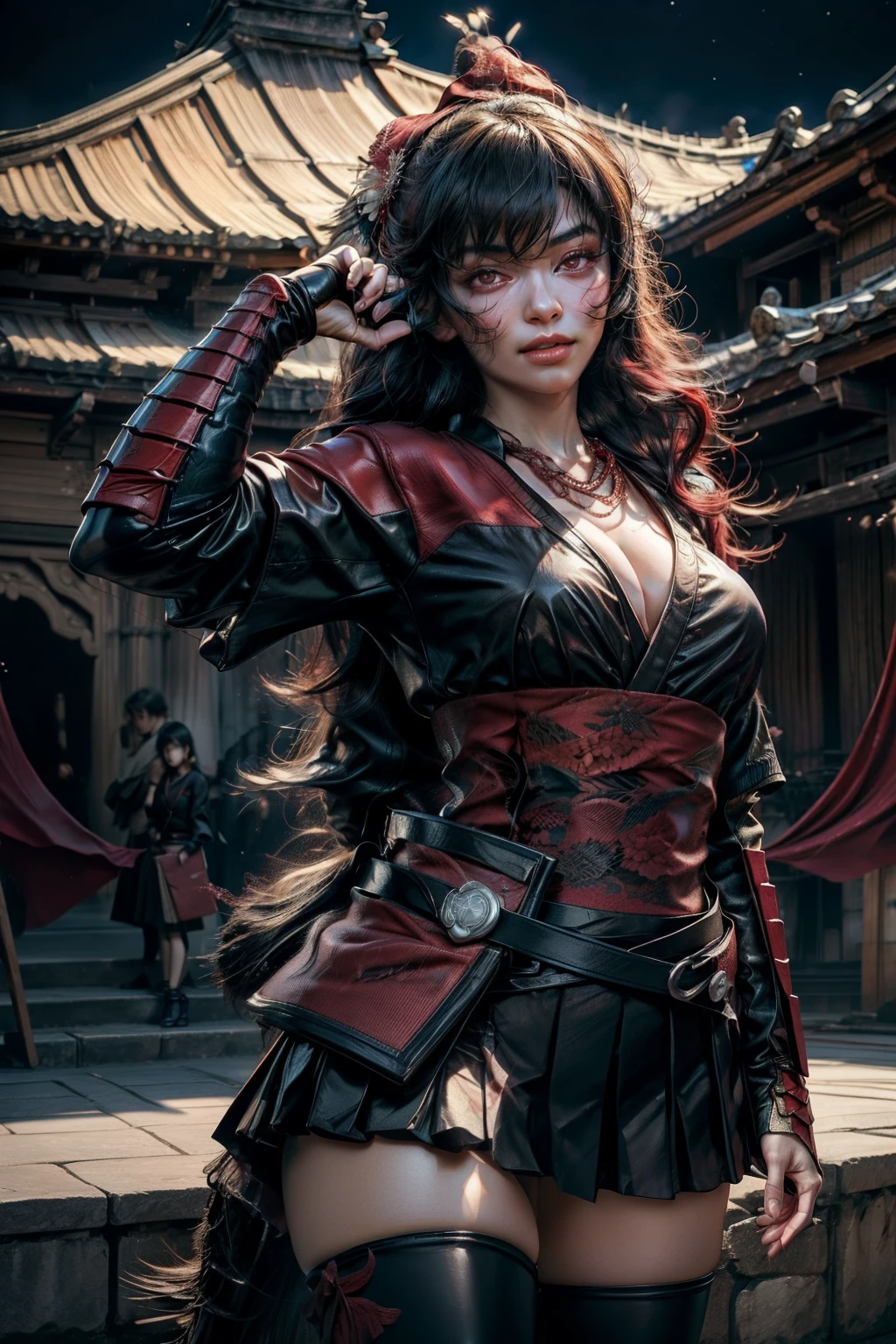 raven branwen, stunning girlfriend, dynamic pose, heart shaped face, elegant face, beautiful face, highly detailed face, highly detailed skin, skin pores, subsurface scattering, realistic pupils, loving smile, looking at viewer, full face blush, full lips, detailed background, depth of field, atmospheric perspective, volumetric lighting, sharp focus, absurdres, realistic proportions, good anatomy, (realistic, hyperrealistic:1.4), 16k hdr, 1girl, bangs, black_hair, black_kimono, breasts, flower, hair_between_eyes, hair_flower, hair_ornament, japanese_clothes, thighhighs, kimono, long_hair, multicolored_hair, night, stars, obi, red_eyes, red_hair, sash, standing in ancient amphitheater, east_asian architecture, crowds