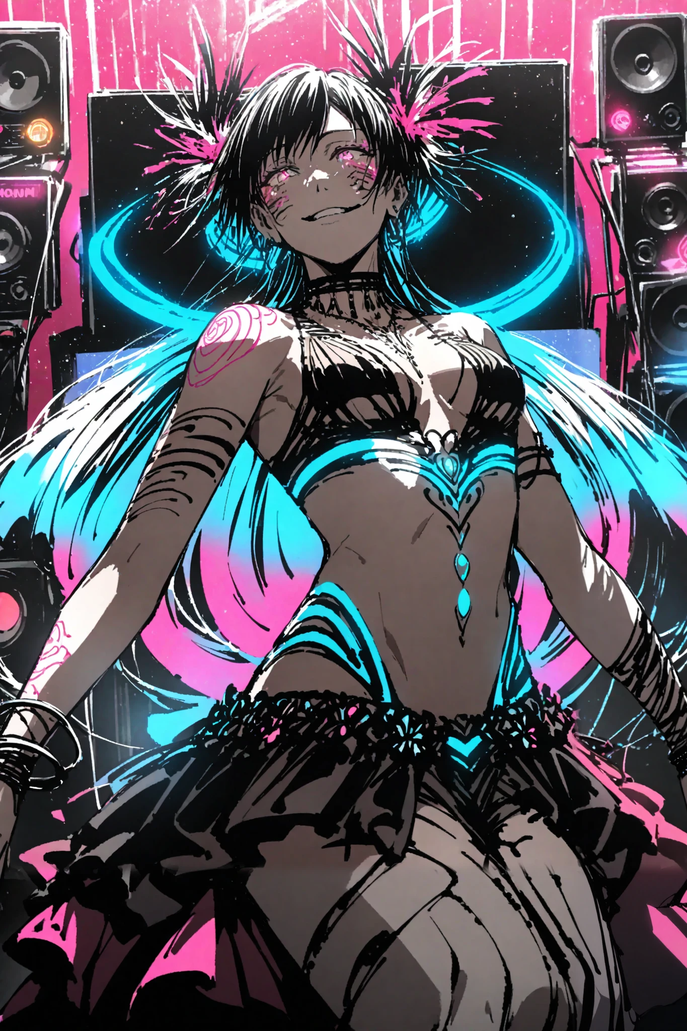 appearance:
"Oye Mi Amor" It resembles a flamenco dancer covered in sound wave tattoos that shine to the rhythm of the music. His body is adorned with a neon jacket that changes color according to his mood. On his back, has embedded speakers that vibrate with every movement.