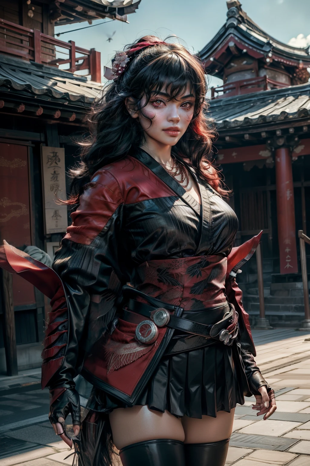 raven branwen, stunning girlfriend, dynamic pose, heart shaped face, elegant face, beautiful face, highly detailed face, highly detailed skin, skin pores, subsurface scattering, realistic pupils, loving smile, looking at viewer, full face blush, full lips, detailed background, depth of field, atmospheric perspective, volumetric lighting, sharp focus, absurdres, realistic proportions, good anatomy, (realistic, hyperrealistic:1.4), 16k hdr, 1girl, bangs, black_hair, black_kimono, breasts, flower, hair_between_eyes, hair_flower, hair_ornament, japanese_clothes, thighhighs, kimono, long_hair, multicolored_hair, night, stars, obi, red_eyes, red_hair, sash, standing in ancient amphitheater, east_asian architecture, crowds