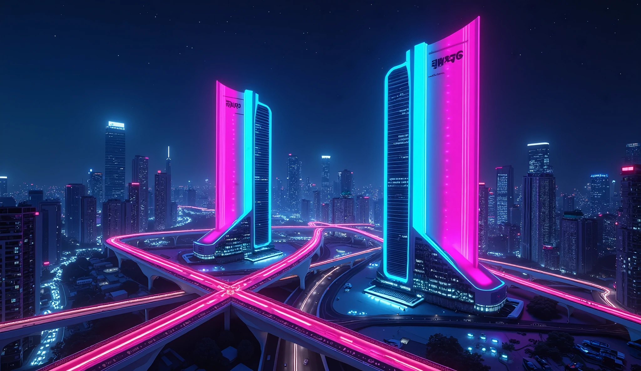 Futuristic city with neon lights and roads in the middle of it - SeaArt AI