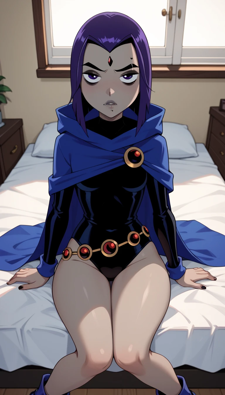 masterpiece, best quality, 1girl, rachelroth, purple hair, short hair, purple eyes, (grey skin), (grey colored skin), forehead jewel, (dark leotard), cameltoe, belt, closed mouth, laying on bed, spread legs, hands behind head, solo, solo, bedroom background
