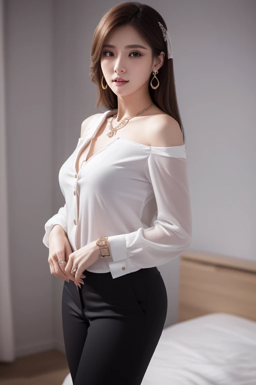 masterpiece, highest quality, Realistic, Super detailed, In detail, High resolution, 8k wallpaper, 1. Beautiful Women, Light brown hair, Sharp focus, Perfect dynamic composition, Beautiful fine details, Fine hair, Detailed and realistic skin texture, smile, Portraiture, Model Body Type,white long see-through sleeves button up blouse_white pleated mini skirt_red long ribbon tie、full body portrait、Long straight hair_Hair reaching down to the waist、Place your left hand gently on your chin,gold necklace_Large earrings,full figure supermodel standing, entire body in frame、12cm high heels,standing gracefully、chest thrusting pose, chest bragging pose,open her mouth,close her eyes、in a hotel bed_Lying_Are sleeping_mouth slightly open_I have my eyes open a little_Trance_pleasure_sigh、Gently bite the thumb of your right hand、Look to the side