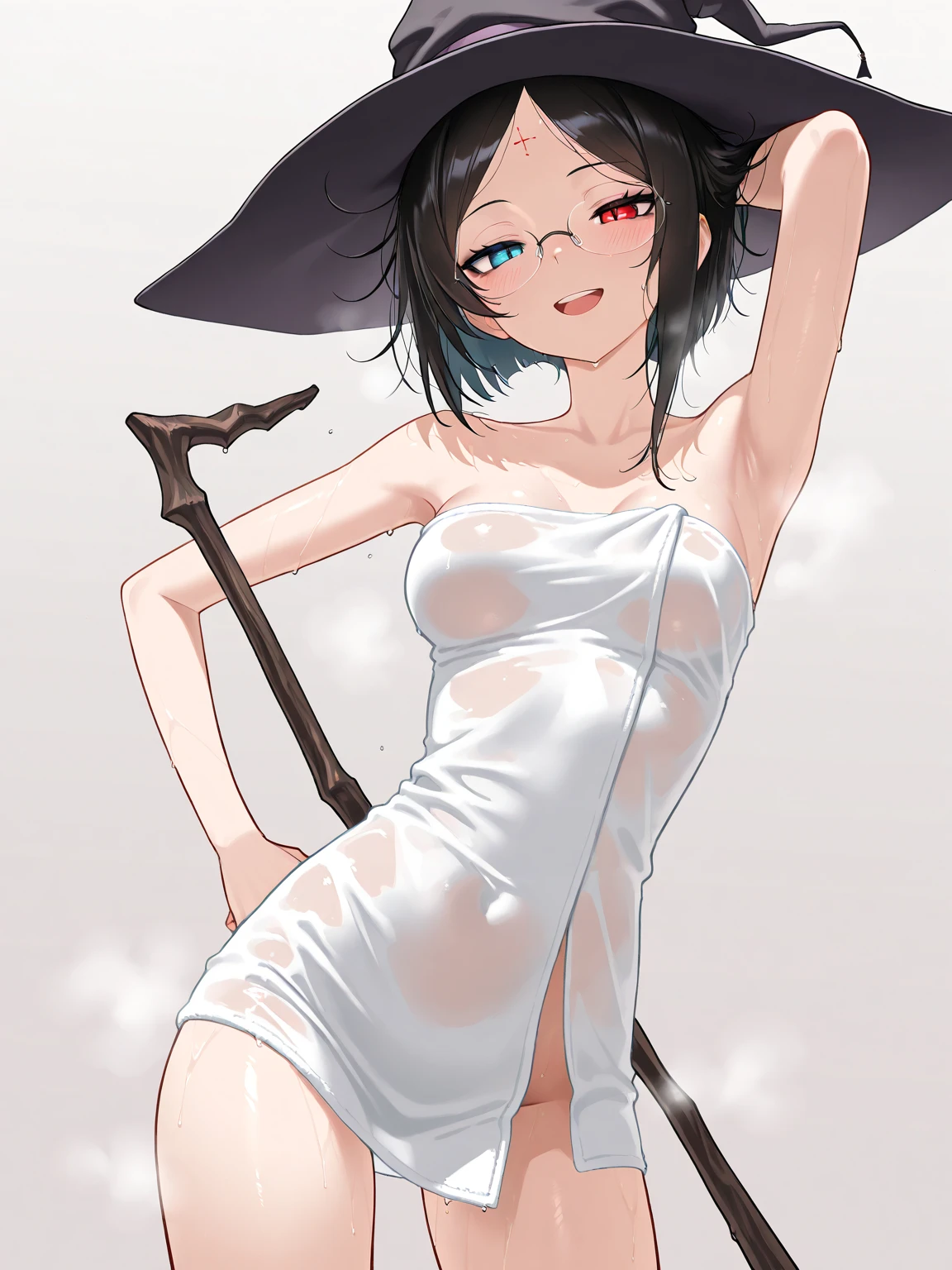 masterpiece, best quality,rem, 1girl, solo, micro bikini, hair flower, hair ornament, flower, full body, white flower, red eyes, glasses, smile, looking at viewer, highly detailed vilage background, blush,