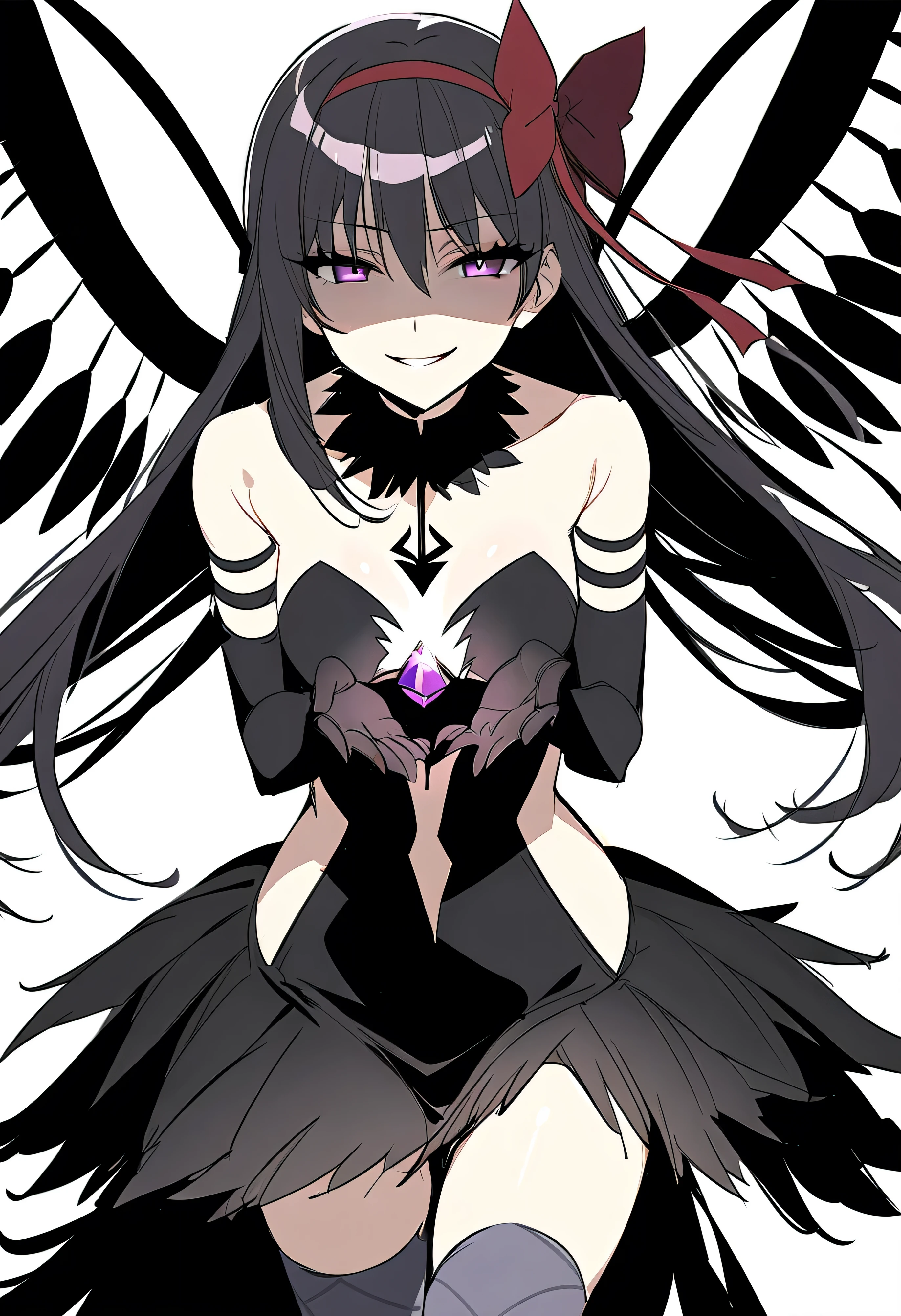 1girl, akuma homura, solo, long hair, wings, gloves, elbow gloves, black hair, smile, purple eyes, thighhighs, black gloves, argyle legwear, argyle, bare shoulders, looking at viewer, dress, soul gem, hair bow, bow, choker, feathered wings, white background, zettai ryouiki, simple background, black wings, masterpiece, best quality, late, evil smile,shaded face(eyes in shadow),latex