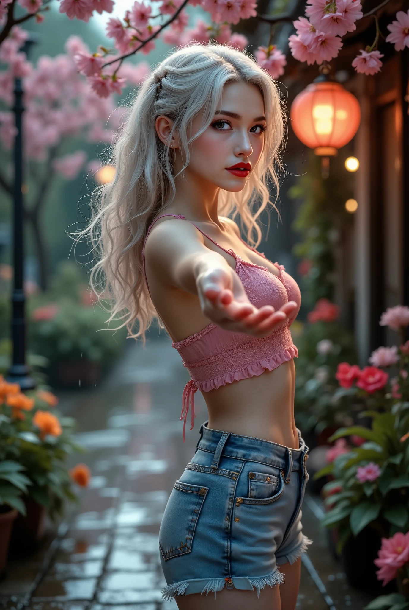  [Style: "masterpiece, realistic, Photorealistic realism, Hyper high resolution" - "(Hyper quality, intricate ultra-detailed digital art)"] (Key Directive: "The priority is the anatomical accuracy and texture of the materials as well as the quality of the eyes") {Character: "20-year-old white female" | Face: "symmetrical, pale skin, full lips, red lipstick: 1.15" | Eyes: "brown irises (hyper-detailed pupils:1.2), blue false lashes:1.18" | Hair: "waist-length white curly (setting light reflections: 0.5)" | Pose: "dynamic side position" - "hand is stretched out towards the viewer (inviting hand gesture)" Outfit: [Top: "pink long sleeve crop top (a bold, feminine, elaborately detailed: 0.7)"] [Bottom: "short denim shorts ((tight, smooth))"] Environment: "garden street at sunset (((rain-slick cobblestones), colorful flowers, cherry blossoms))" | Lighting: - "Cinematic clarity and global illumination") Technical Specs: (DOF: "shallow, f/1.8, blurred crowd in background") (Post-Processing: "Specifications: (DPF: "deep, f/1.8, distinct garden in the background") (Post-production: "chromatic aberration: 0.7") (Rendering engine: "Unreal Engine 5 path tracing, 16K texture maps") }