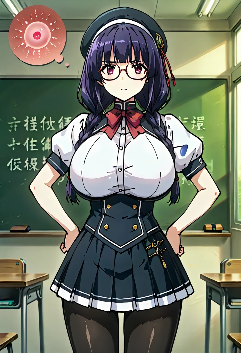   buttocks 4k resolution ,  obra maestra,  absurd,  highly detailed,  highres,   high quality,  envelopes ,   score_9,   score_8_arriba,   score_7_arriba,   score_6_arriba,   animated_    source    ,     source    _  animated,   animated coloring,   hat,   detailed face ,  envelopes ,   ultra detailed eyes  , Retrato de   hat,   sharp detail, subtle redness ,   vivid eyes with subtle reflections,  obra maestra,     source    _  animated,   animated style,  cowboy shot , perky 
BREAK , 
 a girl, Alone , Alone  focus,   watching the viewer,   purple hair ,  twin braids ,  dark red eyes , huge breasts of an adult woman,sexy,   with a non-straight line ,  volarribatuous , Black Beret, glasses, red bow,   school uniform , shirt,   puffed sleeves ,   short sleeves , pleated skirt, skirt,   black tights  ,  white blouse, white sleeves, thinking,    hands on hips,   relaxed posture, presumed,  of foot,
BREAK,
 Internal, classroom, windows, daytime, day,   natural lighting  ,