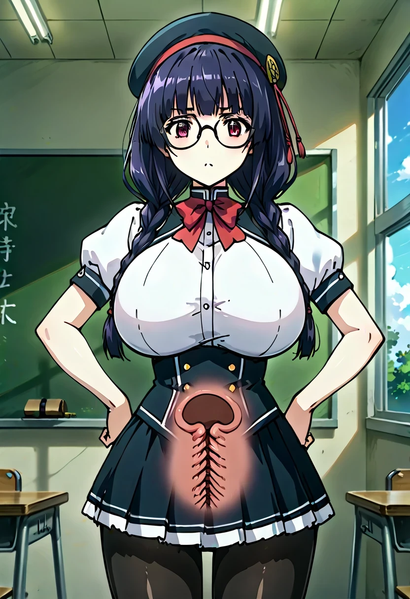 anime, , black hair ponytail, kind face, black glasses, big breasts, short, alone, brown eyes, nude, porn, pussy, sperm, sex, Sound effect