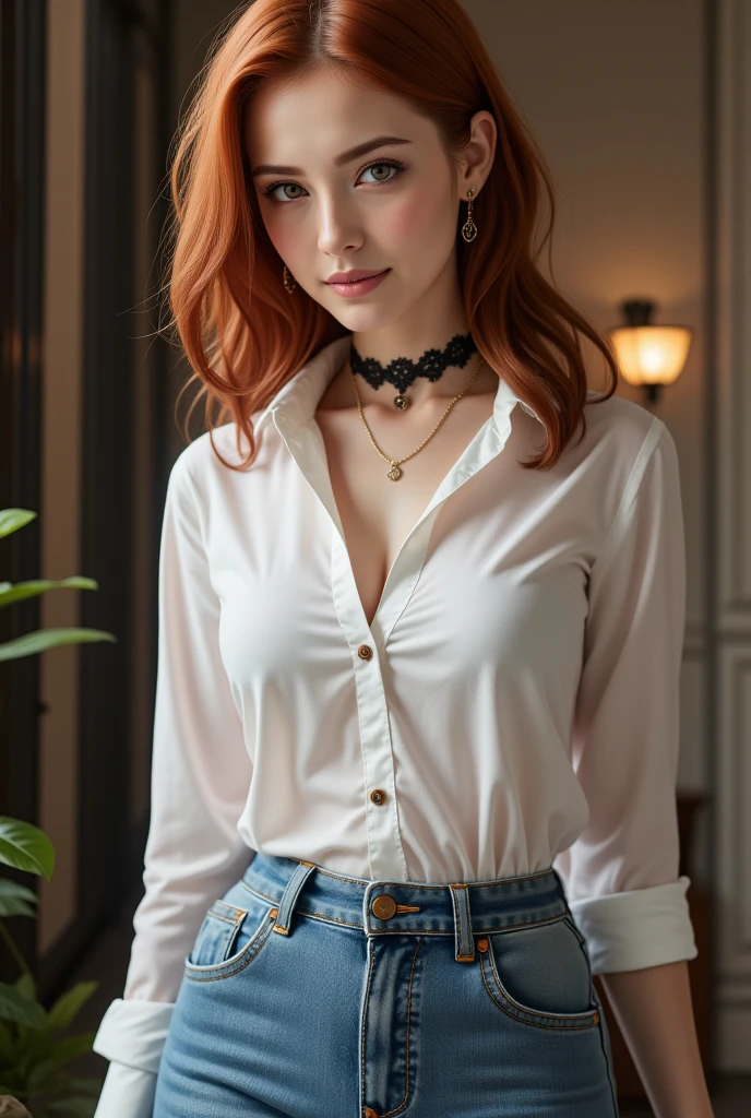 (masterpiece, realistic:1.3), (extremely intricate:1.2), (photorealistic:1.4), (extremely delicate), (ultra realistic:1.3), (cowboy shot:1.2), (modelshoot style), hyperrealistic photography, extremely detailed CG unity 8k wallpaper, UHD, HDR, RAW photo, dslr, hyperrealistic 3d render,
Crisp white button-up shirt with black dress pants, Countess, Average Height, Narrow Hips, Triangular Face, Dark Skin, Red Hair, amethyst Eyes, Long Nose, Full Lips, Receding Chin, Long Hair, Fine Hair, Sleek Bun, large breasts, Faux gauge earrings, violet, sheer lipstick, leaning forward, wearing edgCT, chic top,
<lora:edg_chicTops_v10:0.6>, edgCT, blouse,