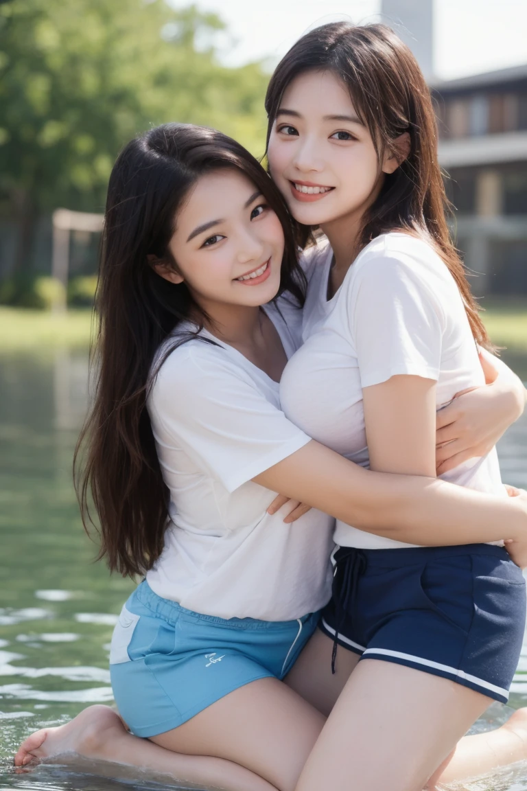 (RAW photogr,超高分辨率,tmasterpiece,best qualtiy:1.4),Complicated details,2 20 year old Korean girl,Wear a loose black T-shirt and skinny jeans,Stand on the grass and take pictures,hugs,Intimate relationships,Detailed meadow,A sweet smile on a small face,The face and skin are pink and fair,Ultra-realistic facial details,Playful and coquettish pose,The calves are straight and slender:1.5,Wear high-end branded colorful travel shoes:1.5,eventide,warm color,Broad lighting,naturalshadow,taking a full body photo:1.8