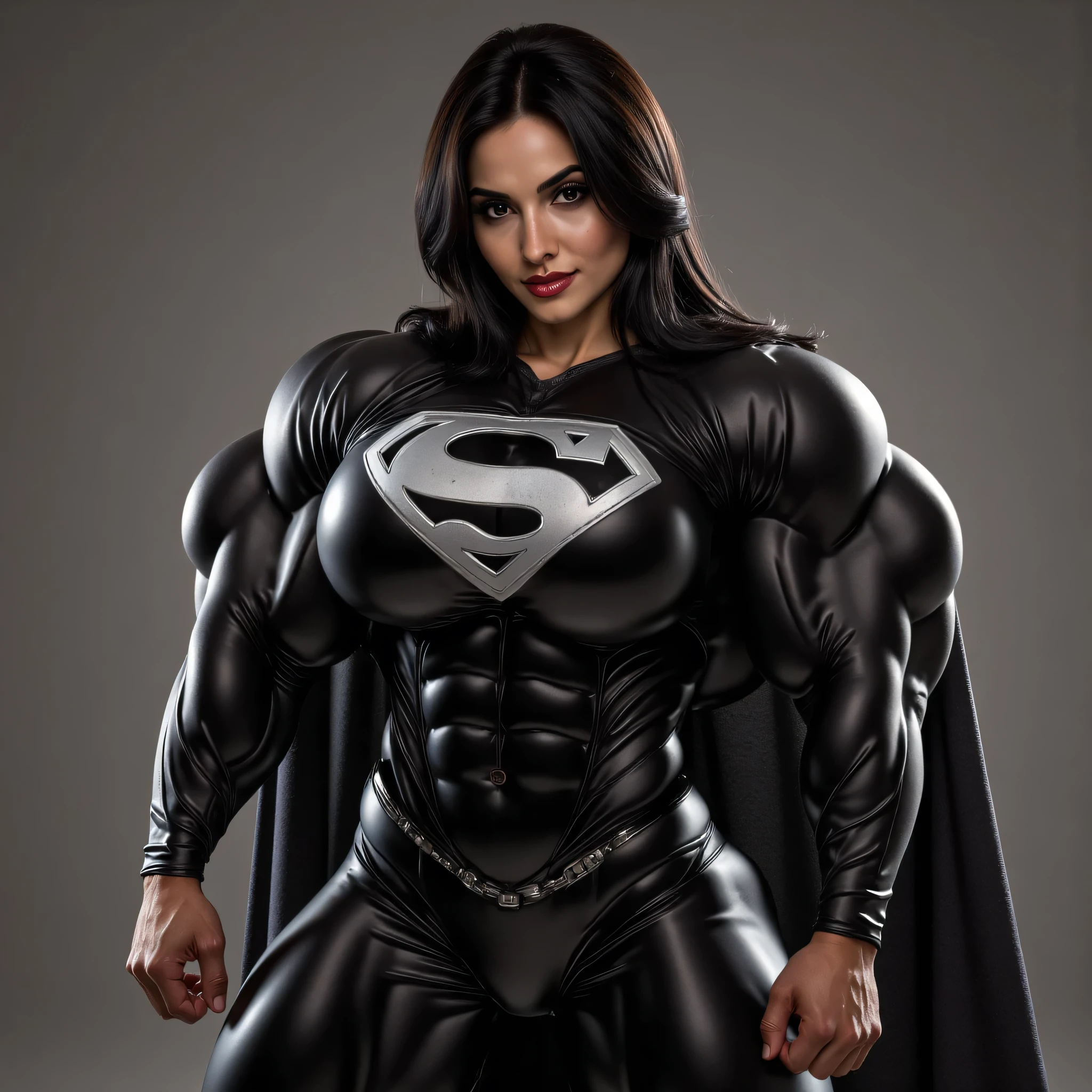 (((SHOWING OFF HER PERFECT HARD ASS)) SUPERGIRL TRYING-ON HER GLOSSY black SUPER SUIT FOR THE VERY FIRST TIME (((her super suit is stretched to its limits, by her gigantic bulging muscles))) she is a dark factory. she has black hair. in awe of her new look (((her muscles are massive, bulging and vascular))) a beautiful 22 year-old girl, Is now the Supergirl of her dreams. she is wearing a skintight glossy black zentai bodysuit. she has the iconic silver super s on her chest. shiny silver boots and black cape. She has found a small piece of pink kryptonite that is the size of a golf ball. The pink kryptonite gave her immense strength and power. It transforms her into a muscle-bound superheroine. The super transformation is complete. (((she now has the muscle-bound physique better than a professional heavyweight bodybuilder))) (((her arms are normal length. they are extremely muscular. her hands are normal size)))