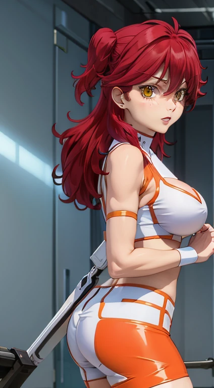(High resolution:1.4)、(High resolution:1.4)、Beautiful girl alone、 Get on one knee、Aiming the laser gun、Dirty Pair、Kay、 View your viewers、smile,、Wearing tight yellow clothing, flame, feet, Mid-chest, Redhead beauty, Cyberpunk City Background, head band, Narrow waist, Thin thighs, Thigh Gap、 belly button、 Cleavage、