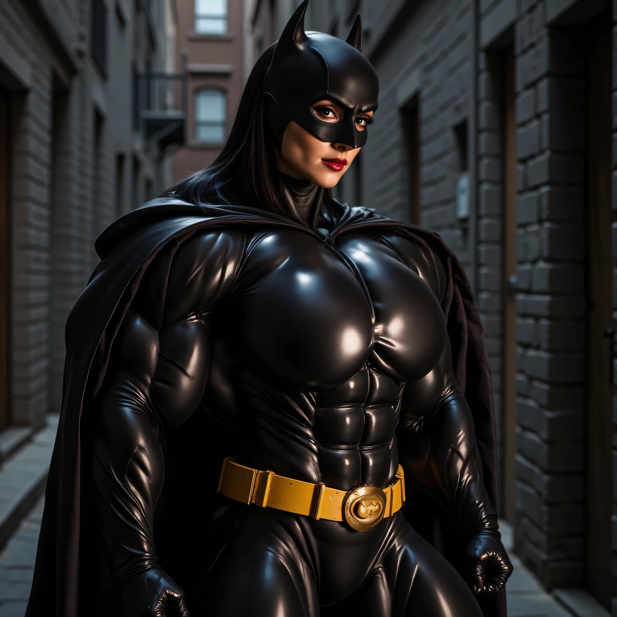(((SHOWING OFF HER PERFECT HARD ASS)) batgirl TRYING-ON HER GLOSSY black SUIT FOR THE VERY FIRST TIME (((her shiny suit is stretched to its limits, by her gigantic bulging muscles))) she is in a dark alley. she has long black hair.  in awe of her new look (((her muscles are massive, bulging and vascular)))  a beautiful 22 year-old girl. she is wearing a skintight glossy black zentai bodysuit. she has the iconic batman logo on her chest and no mask. shiny black boots and black cape. She has found a small piece of pink kryptonite that is the size of a golf ball.  The pink kryptonite gave her immense strength and power. It transforms her into a muscle-bound superheroine. The super transformation is complete.  (((she now has the muscle-bound physique better than  a professional heavyweight bodybuilder)))  (((her arms are normal length. they are extremely muscular. her hands are normal size)))