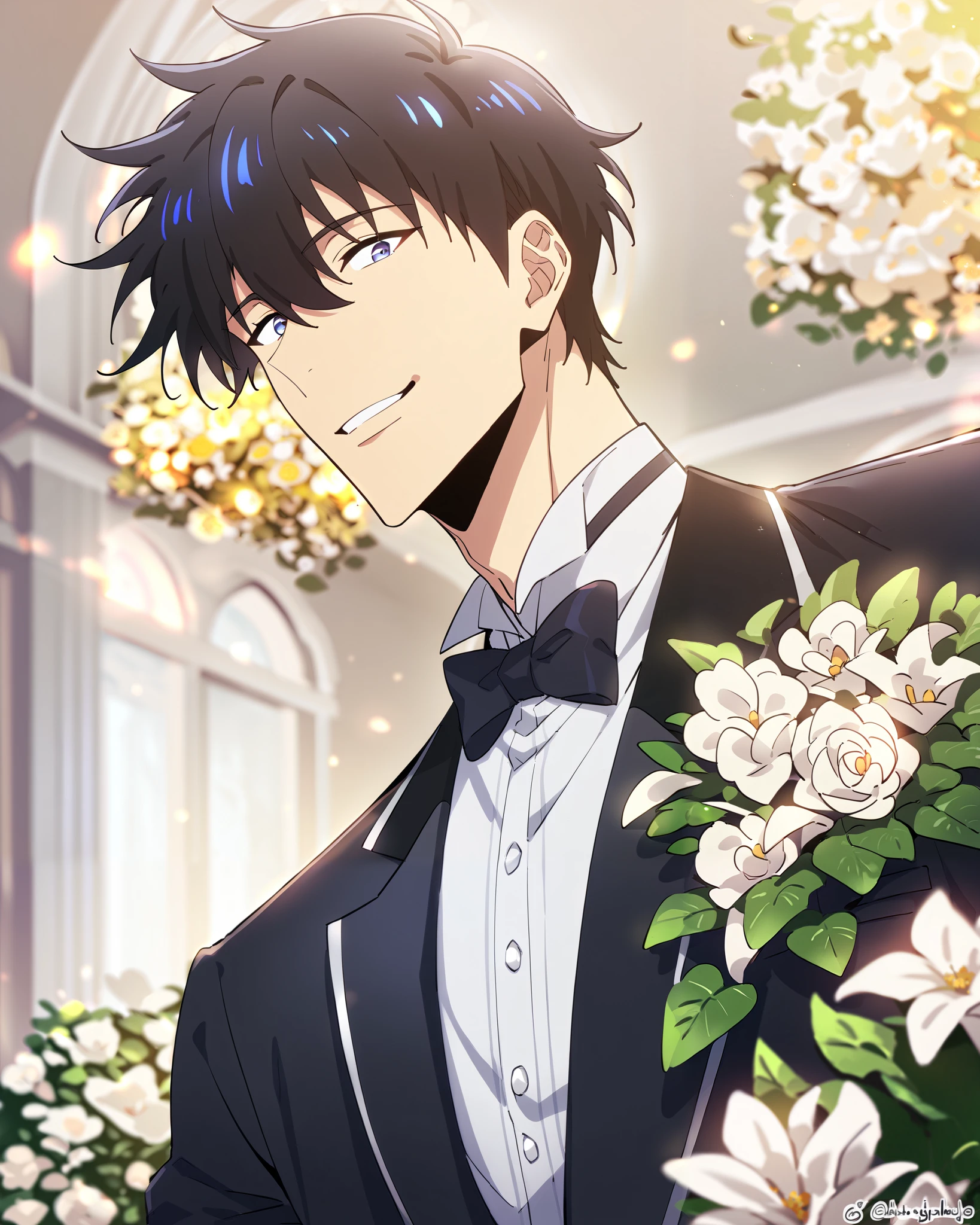 score_9, score_8_up, score_7_up, 1boy, male focus, source_anime, sungjinwoo, black hair, blue eyes, pectorals, wedding, wearing a perfectly tailored black suit with a white dress shirt and a bow tie, He's smiling, solo, looking at viewer, best quality, amazing quality, best aesthetic, absurdres, year 2023, A luxurious wedding hall, grand chandeliers, white floral decorations, elegant aisle, soft golden lighting, high ceiling,