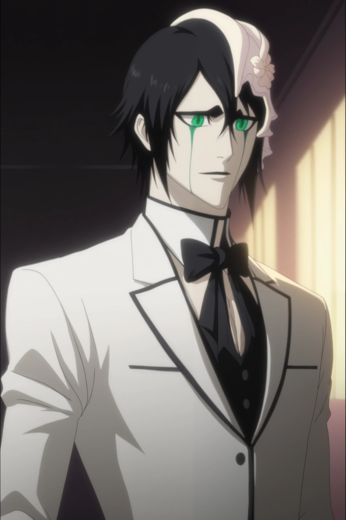 score_9, score_8_up, score_7_up, source_anime, anime screengrab, , upper body, , 1boy, solo, male focus, ulquiorra_cifer, , , science fiction cyber-thriller, , ((wedding)), wearing a perfectly tailored black suit ,a bow tie, He's smiling, A luxurious wedding hall, grand chandeliers, white floral decorations, elegant aisle, soft golden lighting, high ceiling, romantic atmosphere,