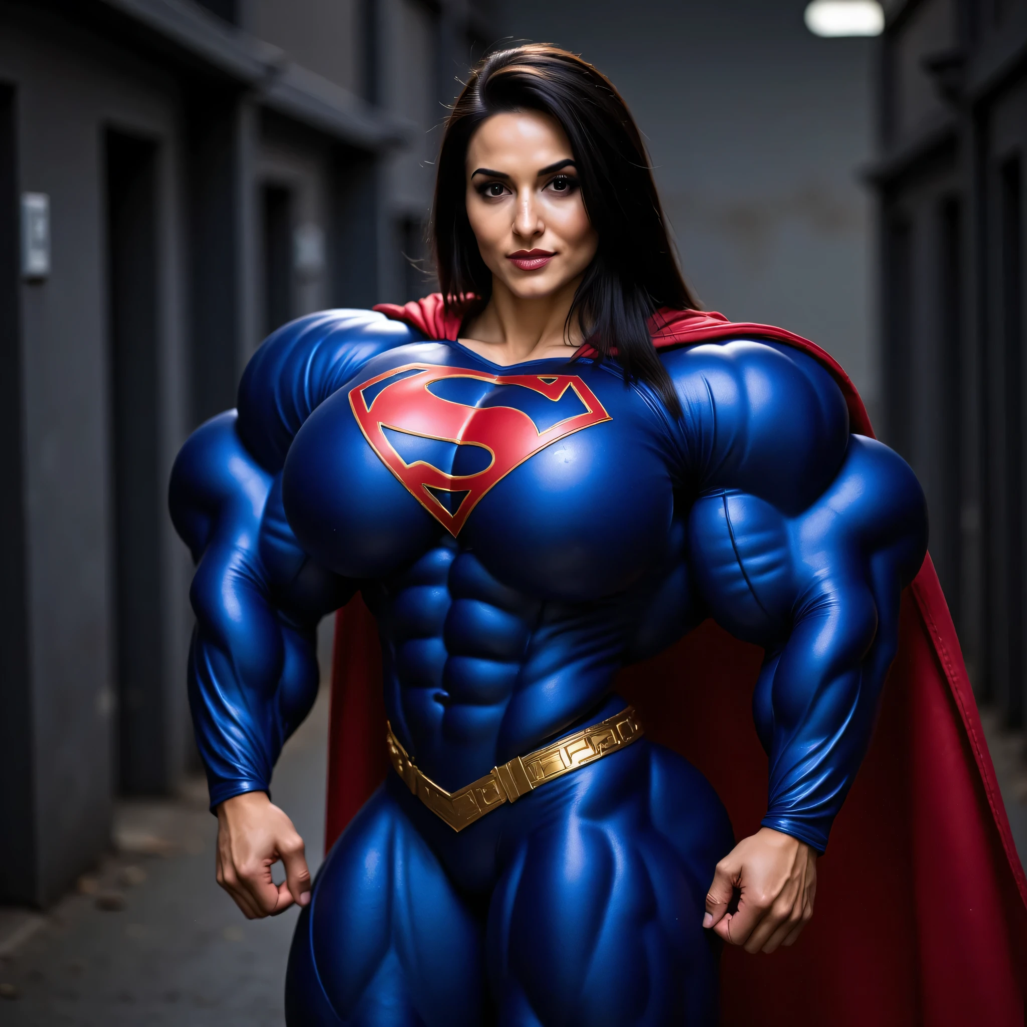 SUPERGIRL TRYING-ON HER GLOSSY BLUE SUPER SUIT FOR THE VERY FIRST TIME (((her super suit is stretched to its limits, by her gigantic bulging muscles))) (hypermuscle:1.3). she is in a dark alley. she has black hair. in awe of her new look (((her muscles are massive, bulging and vascular))) a beautiful 22 year-old girl, Is now the Supergirl of her dreams. she is wearing a skintight glossy blue zentai bodysuit. she has the iconic super s on her chest. shiny red boots and cape. she transforms into a muscle-bound superheroine. (((she now has the muscle-bound physique better than a professional heavyweight bodybuilder))) (((her arms are normal length. they are extremely muscular. her hands are normal size)))