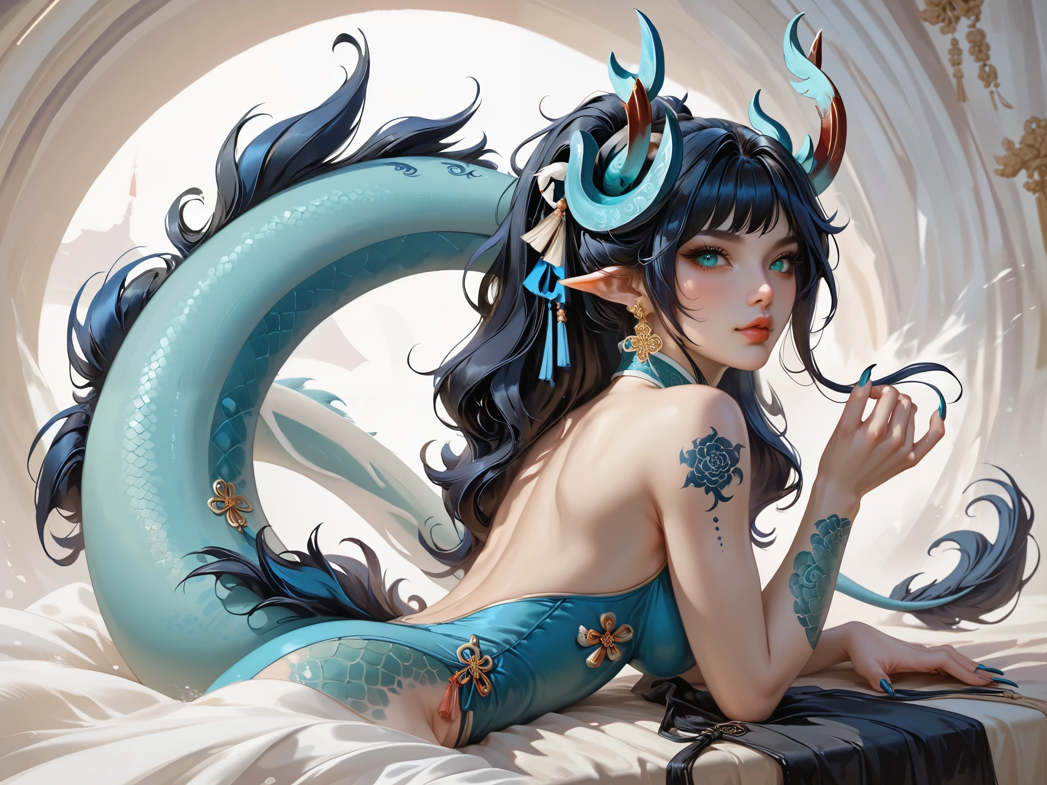 Girl is Azure dragoness Lúng,she is humanoid Eastern dragon. Her hybrid appearance: indigo blue/black straight shoulder-length hairstyle, her bangs are pinned up and pulled back. She has green jade eyes with narrow pupil . she has 4 curved branched horns are located on the forehead. She has long pointy blue fluffy dragon ears. on her sacrum is located a immensely long mighty scaly dragon tail with black mane along the spine and black fluffy tassel on tip of her tail. On her limbs(arms and legs),back,neck,cheeks are covered with navy blue / azure scales with Nazar pattern. on fingers and toes she has long golden crescent-shaped claws. a long processes of olfactory dragon whiskers extend from the lower corners of her jaw. She has red stripes tattoos on her face , and all over her body. Her lips navi blue, she has a gold sharp fangs. She's wearing a qipao. She doesn't wear shoes, she's barefoot.