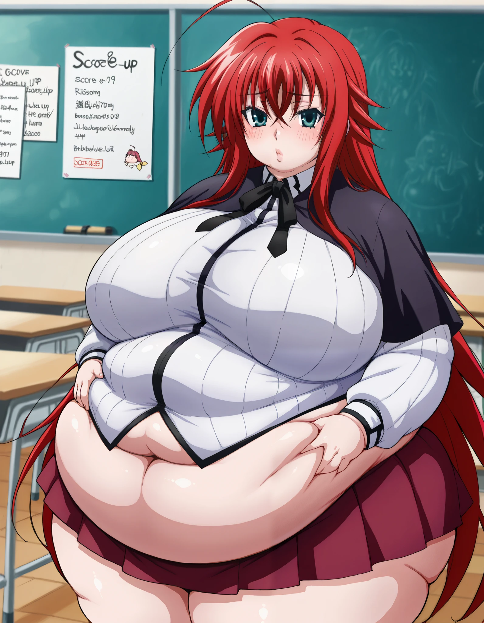 score_9, score_8_up,   1girl_solo, pretty girl .  red hair .    long hair  .   milf  .   dog collar  .  purple stockings   .   source_anime  Bibl3  .  in classroom  .  empty eyes   .  good eyes.  detailed .   trimmed pubic hair  .    calm, open mouth.  eye focus.  huge breasts, heavy breasts, pregnant, wide hips, pussy focus, cum in pussy, cum dripping from pussy, standing at attention, teaching class, chalkboard, blush     .   female teacher , bottomless, viewed from front, morning,