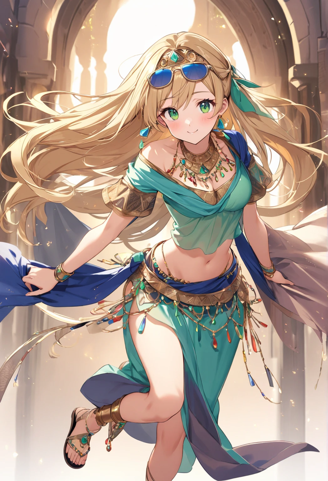 Jumping with one hand up,head_out_of_frame,smile,<lora:azura:0.9>,hat_azura,single leg pantyhose, asymmetrical legwear, , navel, veil,circlet, jewelry,blue skirt,, midriff, looking at viewer, cleavage, necklace,toeless legwear, collarbone, crop top, bare shoulders, stomach, see-through,(desert,sunlight,on sand),,(masterpiece, best quality, ultra-detailed, best shadow),