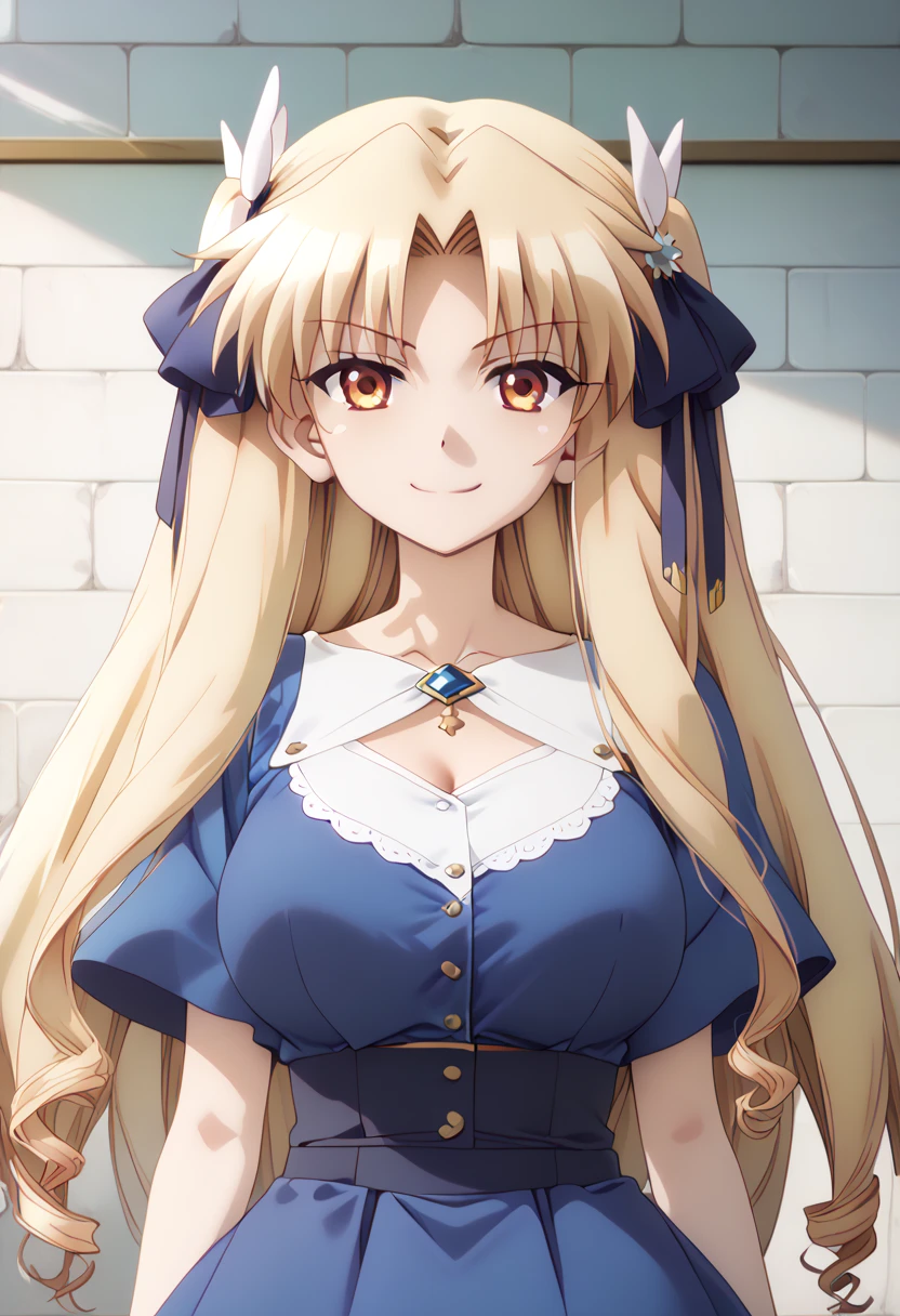 Lucy Hartfilia, 1 Girl, Solitary, Blonde hair, Brown eyes, Long hair, earrings, jewelry, Smile, hair black ribbon, maid, show underwear, dress
