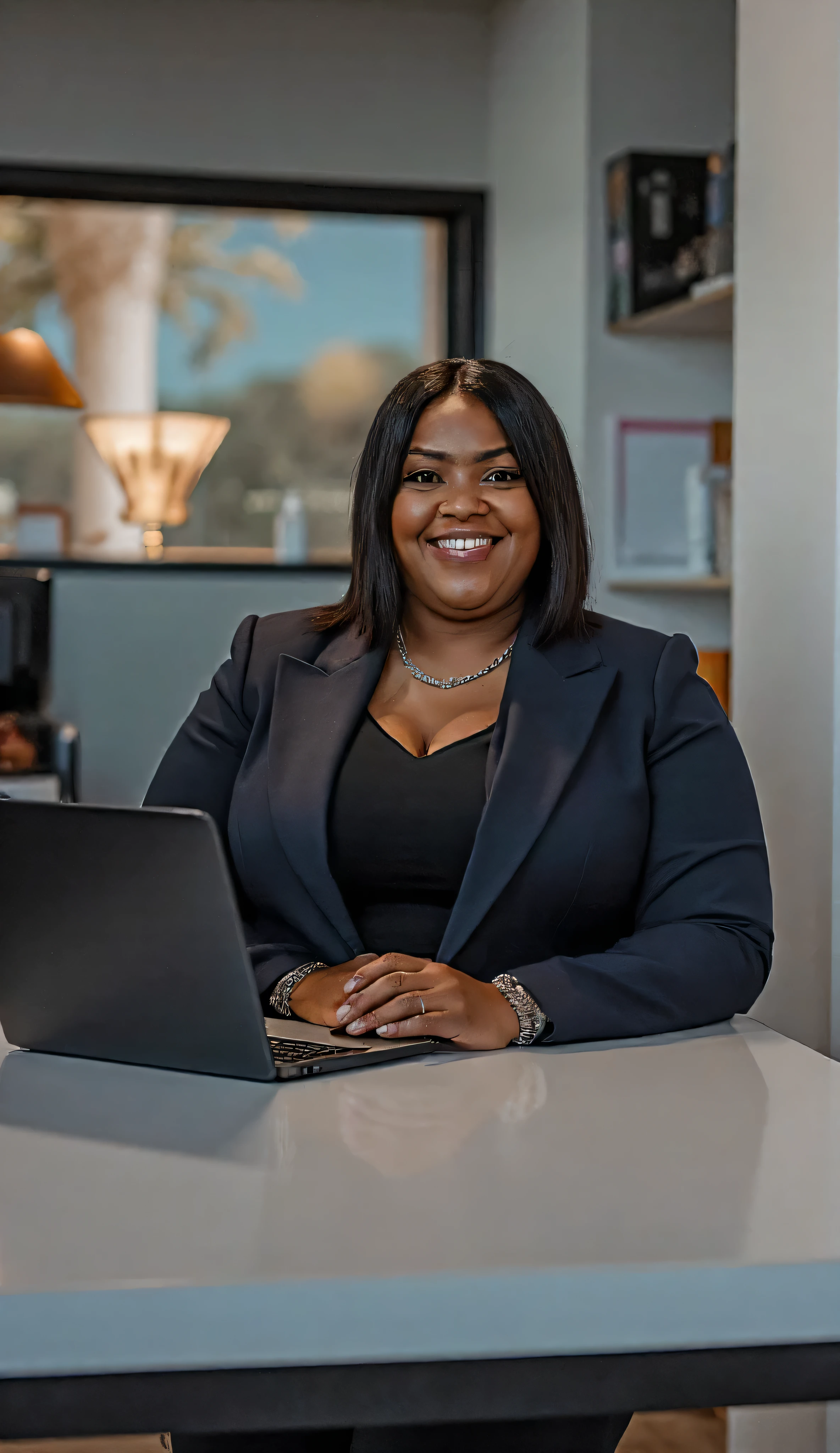 A Black woman with a slightly rounder face wearing light blonde, almost white, box braids working as a judicial technical clerk in São Paulo. She wears extra-thin, white framed glasses and has a more voluptuous body.
